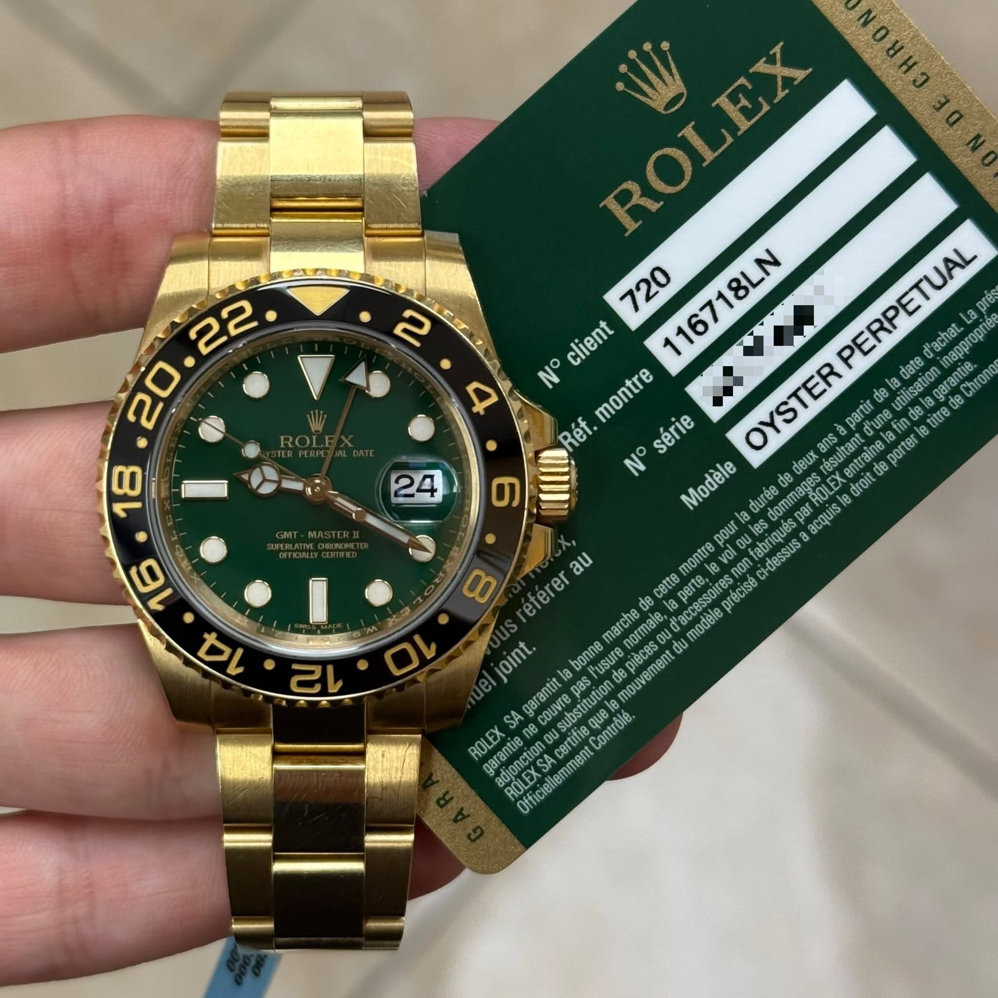 May be an image of wrist watch and text that says ' 116718LN client N° montre lela tisation aran date d'achat. inanoron Réf. série partir d'une lafin titre N° Modéle deux Xansa…