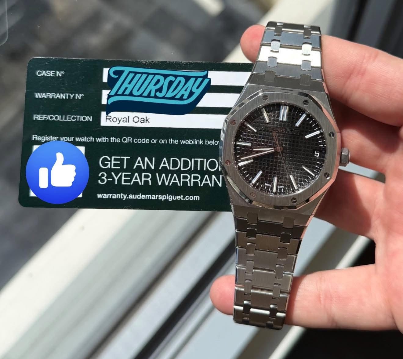 May be an image of digital watch and text that says 'CASE ۷ WARRANTYN N° THURSDAY REF/COLLECTION Royal Oak Register your watch with the QR code or r on the weblink belo GET AN…