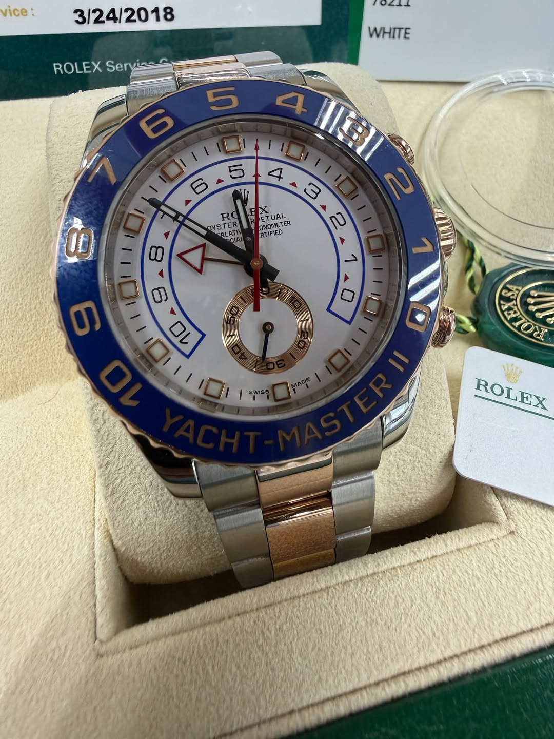 May be an image of wrist watch and text that says 'vice: 3/24/2018 OL2 ROLEX Servics Ser WHITE 4 樹II 洗 4 3 2 2 R YSTER ETER NSATI CRLATI A AUAL ETUCTER CTUAL UAL ONOMETL ROMETER…