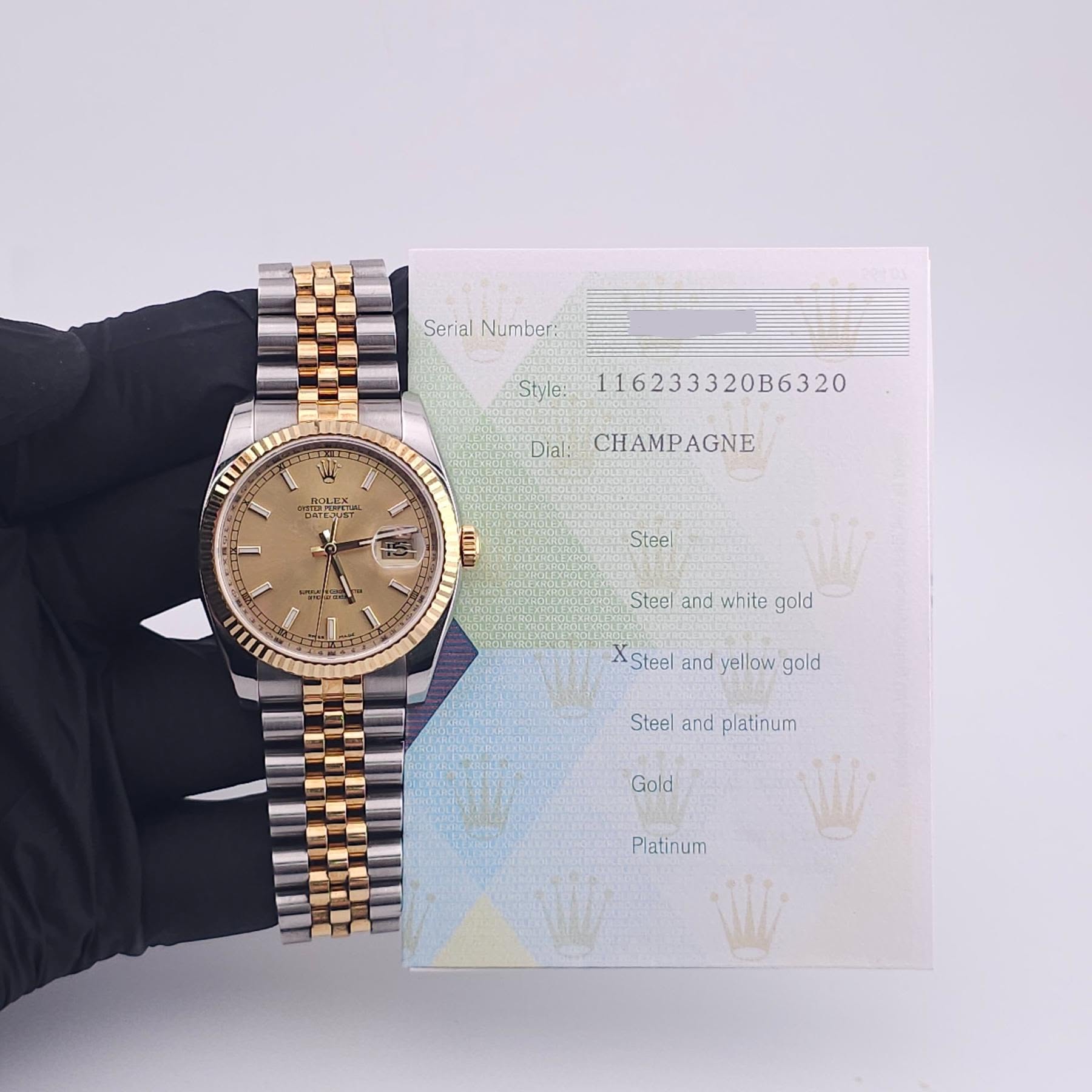 May be an image of wrist watch and text that says 'Serial Numcer: Style: תתשש 116233320B6320 Dial: ात 愛 CHAMPAGNE CHAM AGNE D ትትት. Stee I0 TII Steel and white gold XStee Steel…
