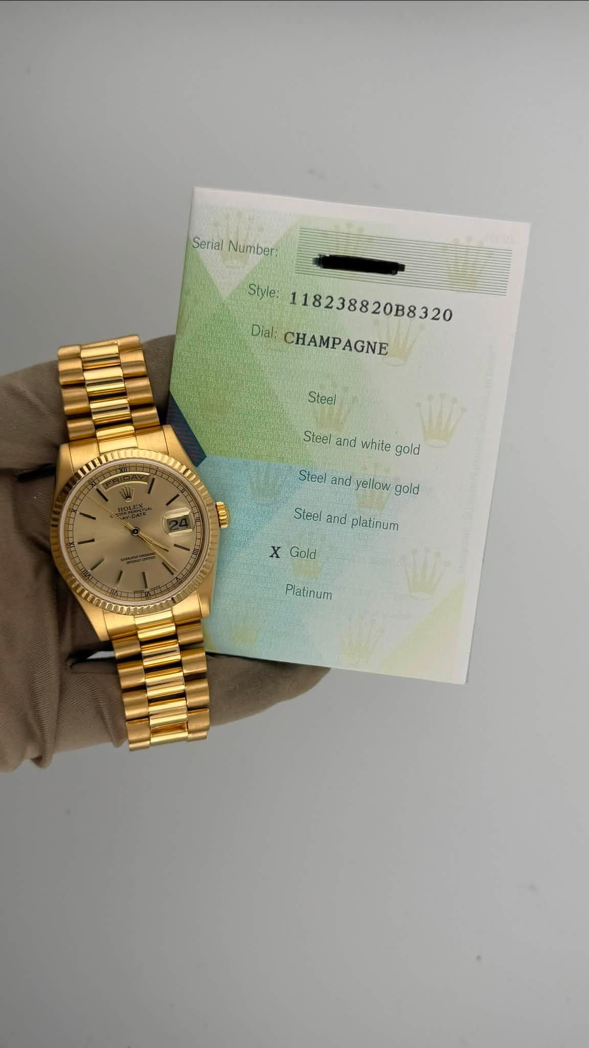 May be an image of wrist watch and text that says 'Serial Number: Style: 118238820B8320 Dial: CHAMPAGNE CHAMPAGNE AGNE Steel Steelandwhitegold Steel and white gold 0 Steel and…
