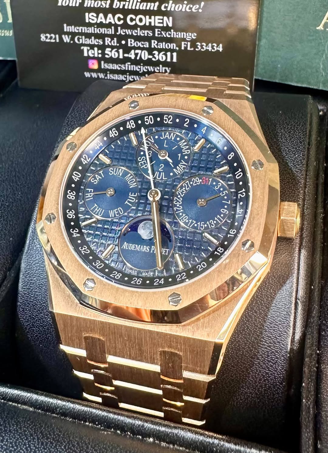 May be an image of wrist watch and text that says 'n0.9r most brilliant choice! ISAAC COHEN International Jewelers Exchange 8221 W. Glades Rd. Boca Raton, FL 33434 Tel:…