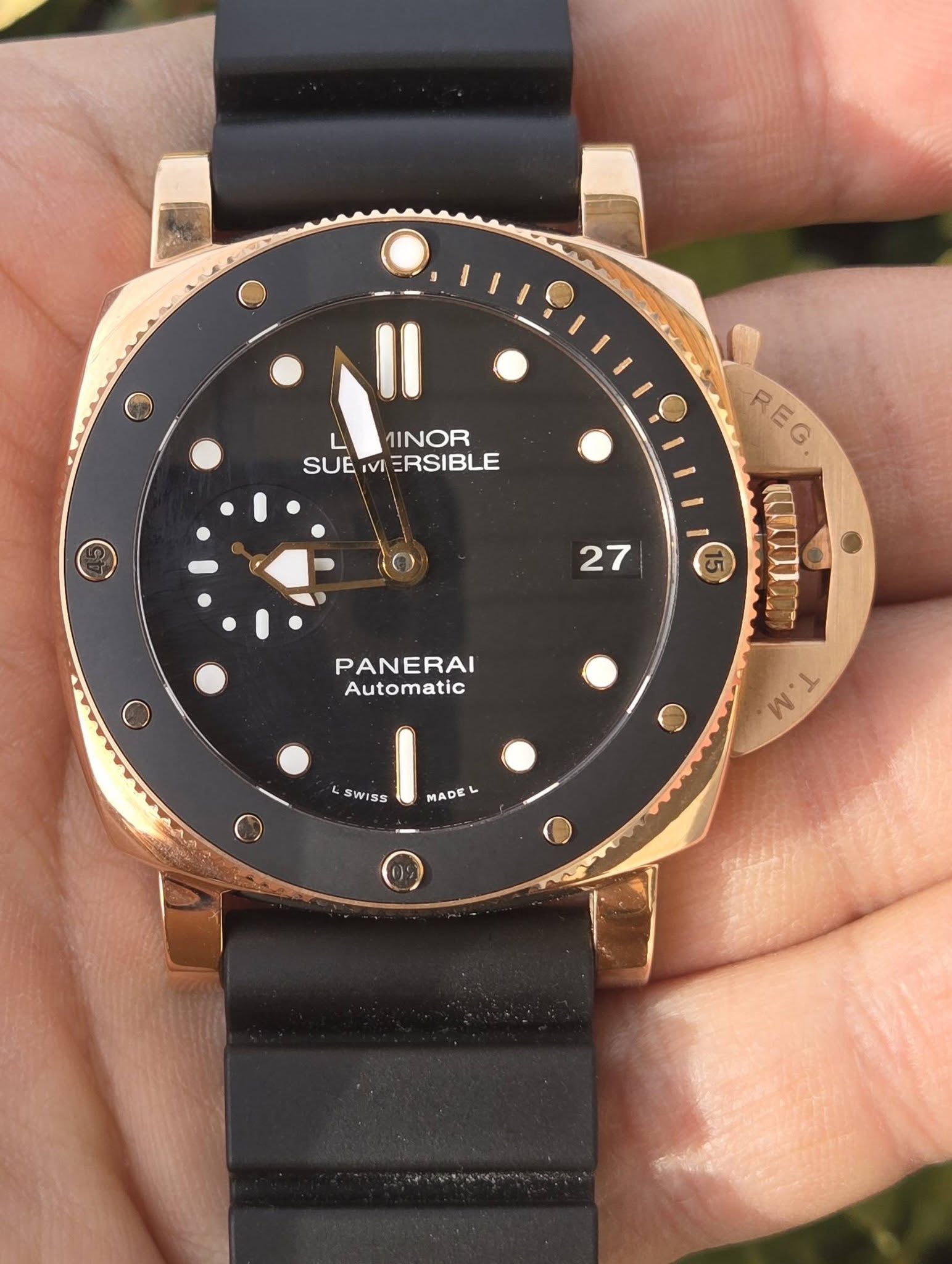 May be an image of wrist watch and text that says '1INOR SUE SUEMERSIBLE L IVI MIERSIBLE 27 R REG 15 แม T'L y W O PANERAI Automatic SWISS ISS MADE'