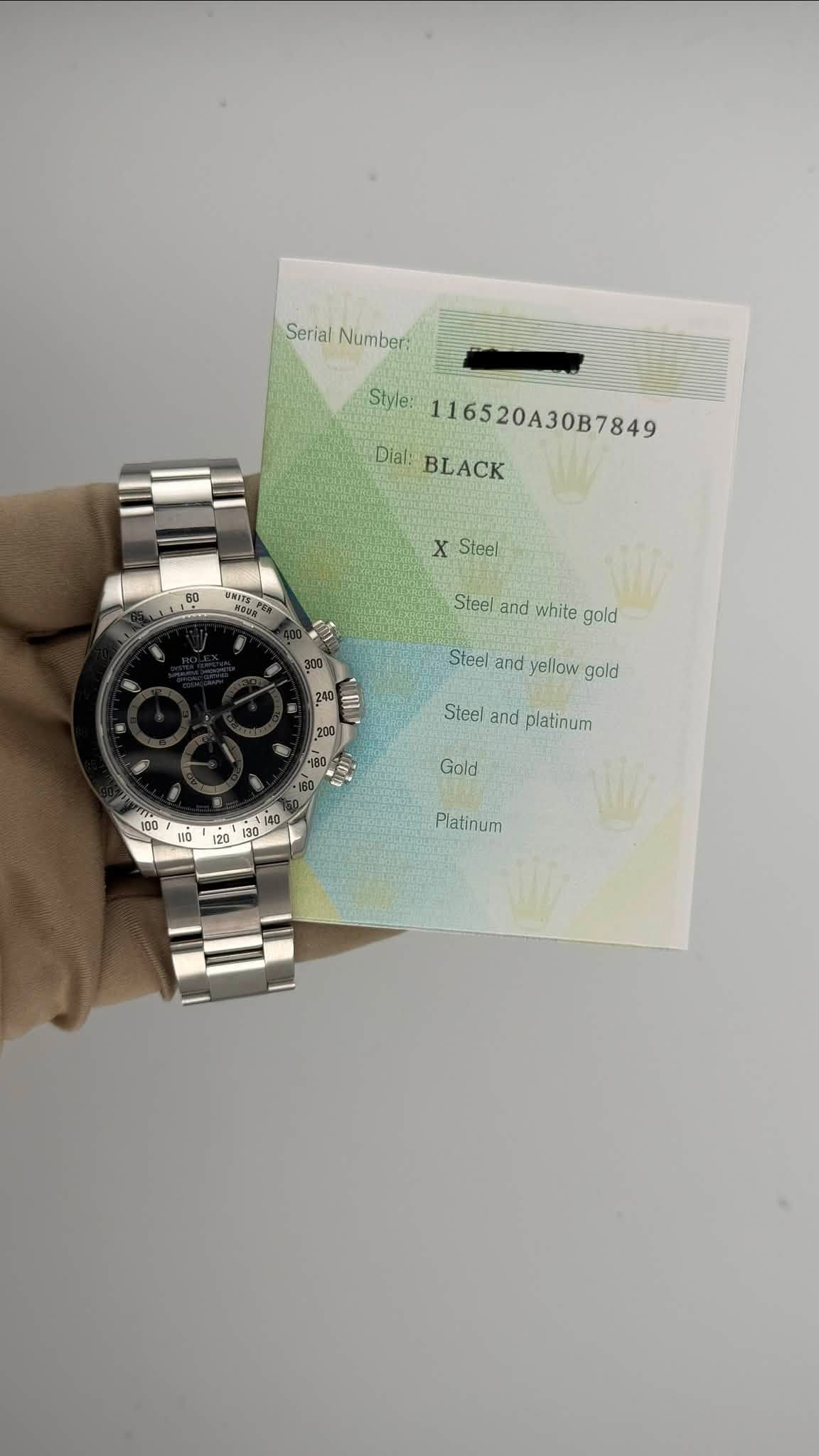 May be an image of wrist watch and text that says 'Serial SeriaiNumber: Number: Style: 116520A30B7849 DiaBLACK Dial BLACK 60 D0 x Steel MNTTY и KONIS Steel and wnite gold 240 Steel…