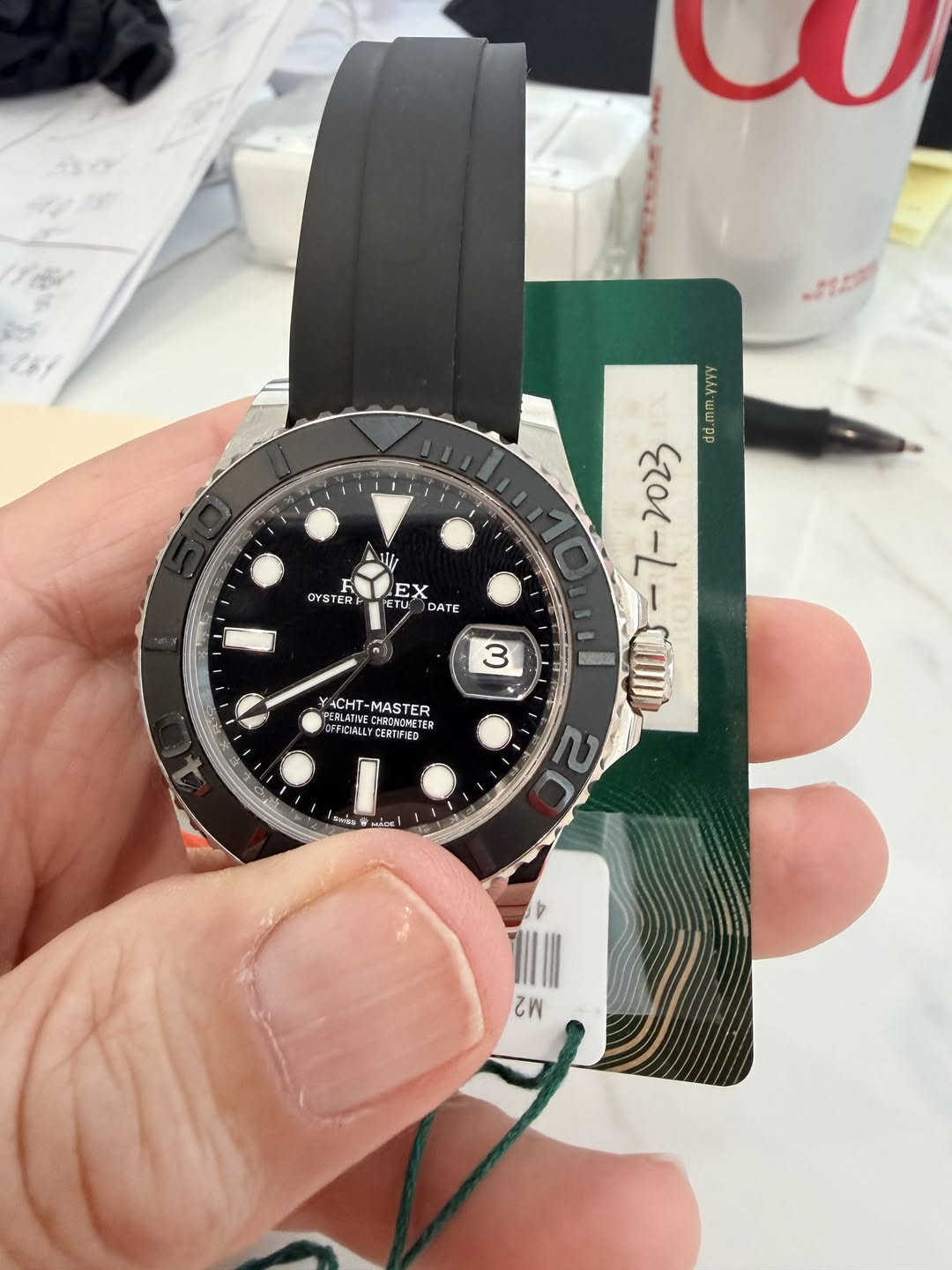 May be an image of digital watch and text that says 'i H OYS TERI FX ETU TU DATE 山 di.mm.vyy mm vyyY ا FP da.m 星 QUI 20 2 3 YACHT-MASTER EALATIVE CHAINNGKE - FILLL CERTIFIED…