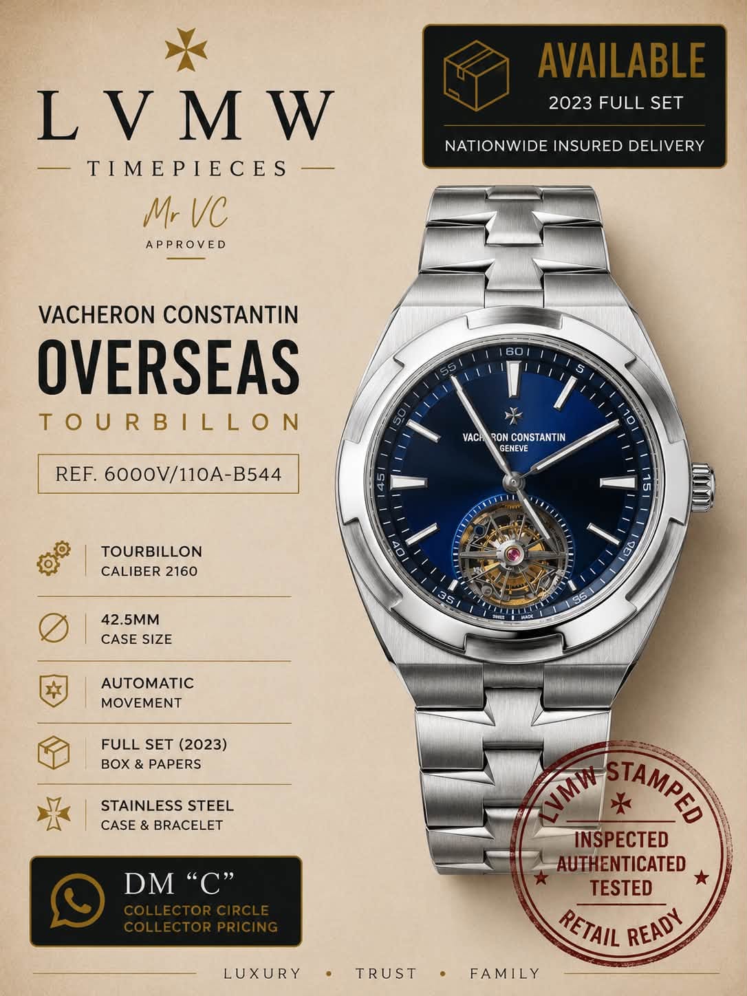 May be an image of wrist watch and text that says 'AVAILABLE 2023 2023FULLSET FULL SET LVMW M W L TIMEPIECES MrVC Mr VC APPROVED NATIONWIDE INSURED DELIVERY VACHERON CONSTANTIN…