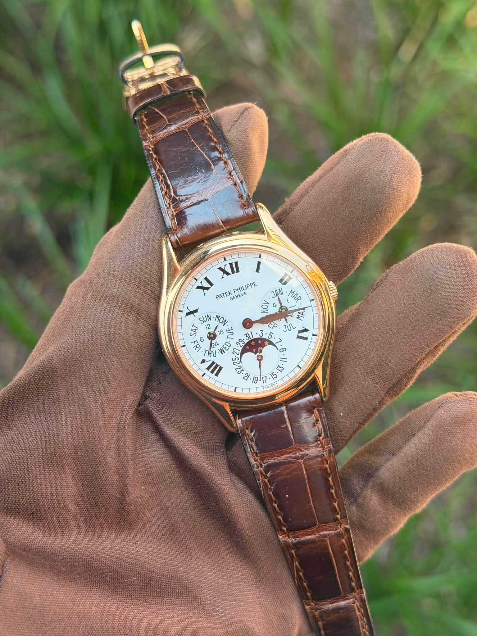 May be an image of wrist watch, leather and text that says 'XII XI PATE PHILIPPE ENEVE 1 MAR O! A <D Ζα 1 SUN ー 0 SAT & 30 4 ED-TU ED ਰਰੇ E -Il ویی -19.17 קיר 7. ر 1 5 1.5 ه'
