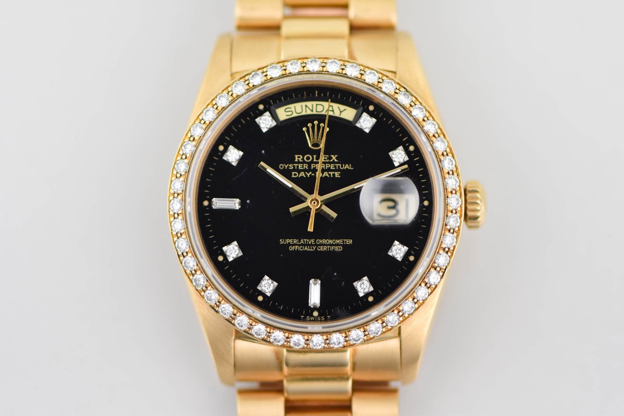 May be an image of wrist watch and text that says 'SUNDAY 少 1o ROLEX OYSTER OYSTERPERPE PERPETUAL PETUAL DAY DAY-DATE ATE O 3 藝 SUPERLATIVECHRONOMETER OFFIC OFFICIALLYCERTIFIED…