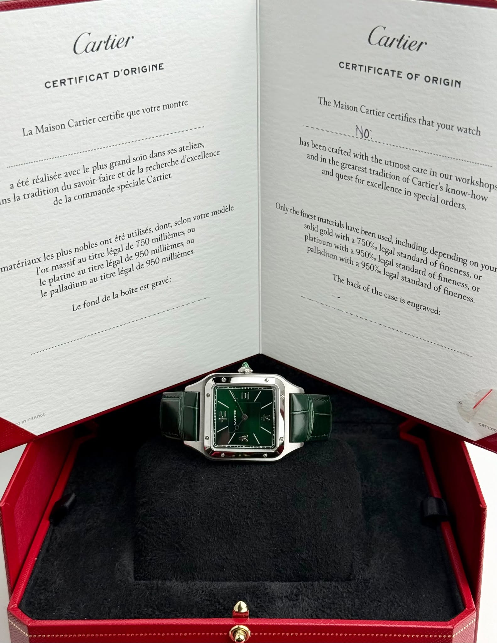 May be an image of wrist watch and text that says 'Cartier CERTIFICAT D'ORIGINE La Maison Cartier certifie que votre montre Cartier CERTIFICATE OF ORIGIN Maison Cartier certifies…