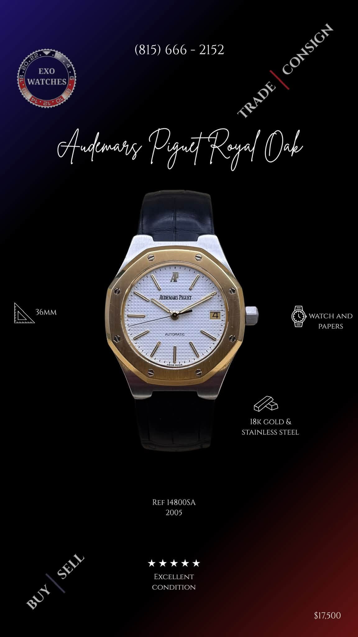 May be an image of digital watch and text that says 'EXO WATCHES ( CONSIGN CONSION TRADE TRADE Audemars Piyuet Reyal PigntReyalOak Dak e B = A 36Mm SeVUN ΔAEΜAИ PHAST AacTpИTe:…