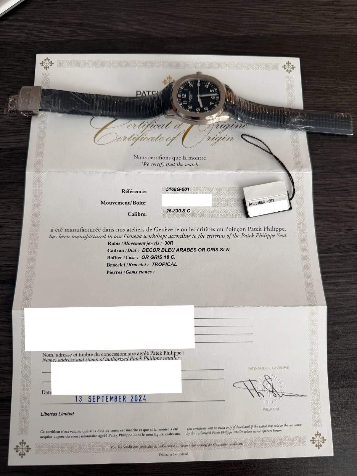May be an image of ticket stub, wrist watch and text that says 'PATE rigine rigin CaииH erlifical Nous certifions que| que montre certify that the wasch Reférence: 5168G-001…