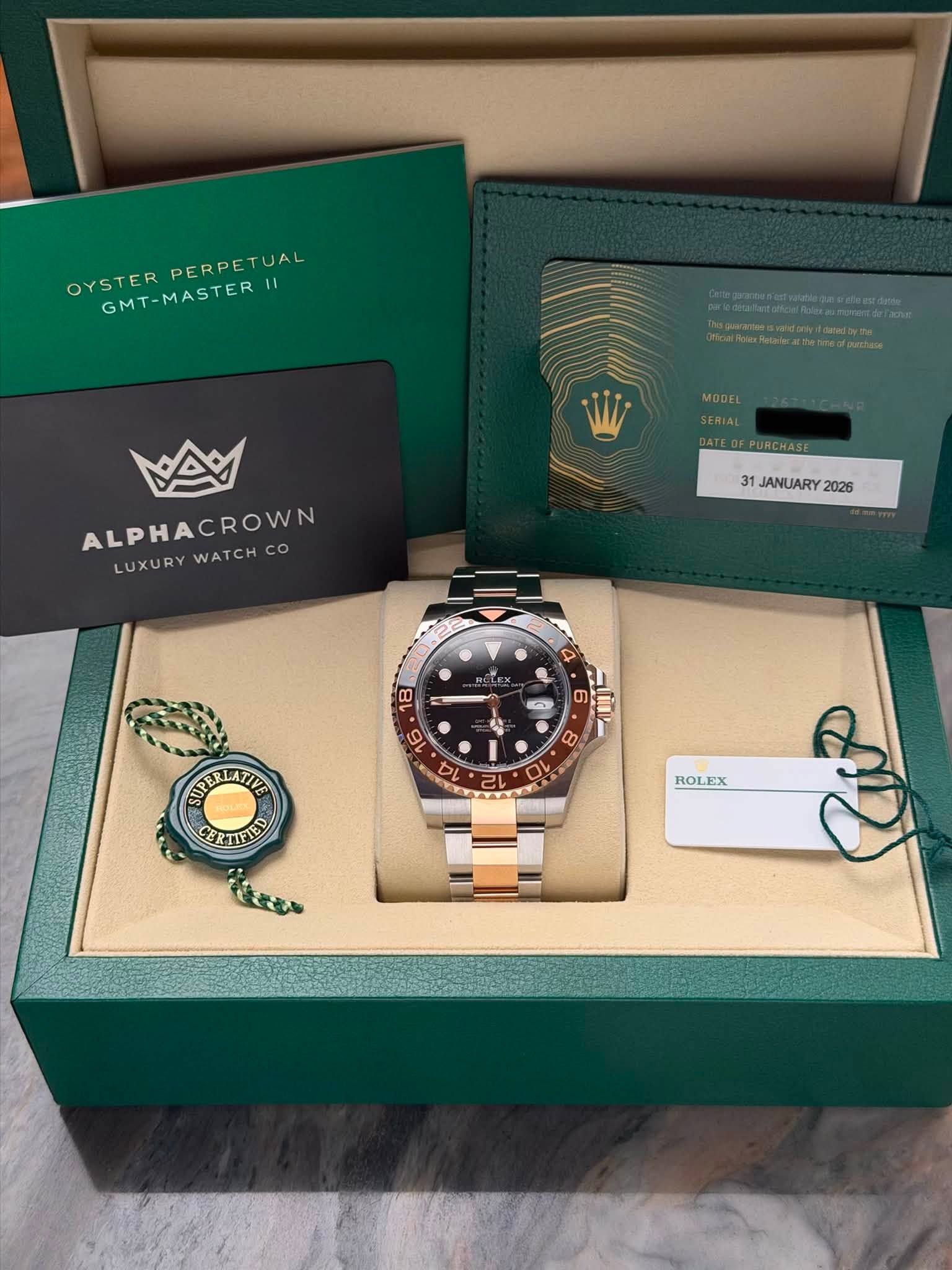 May be an image of wrist watch and text that says 'TUAL OYSTER GMT-MASTER PERPETUAL YSTEPERPETUAL 11 MODEL ھن ALPHACROWN co LUXURWATCHCO LUXURY WATCHCO 31.JANUARY2025 31 JANUARY…