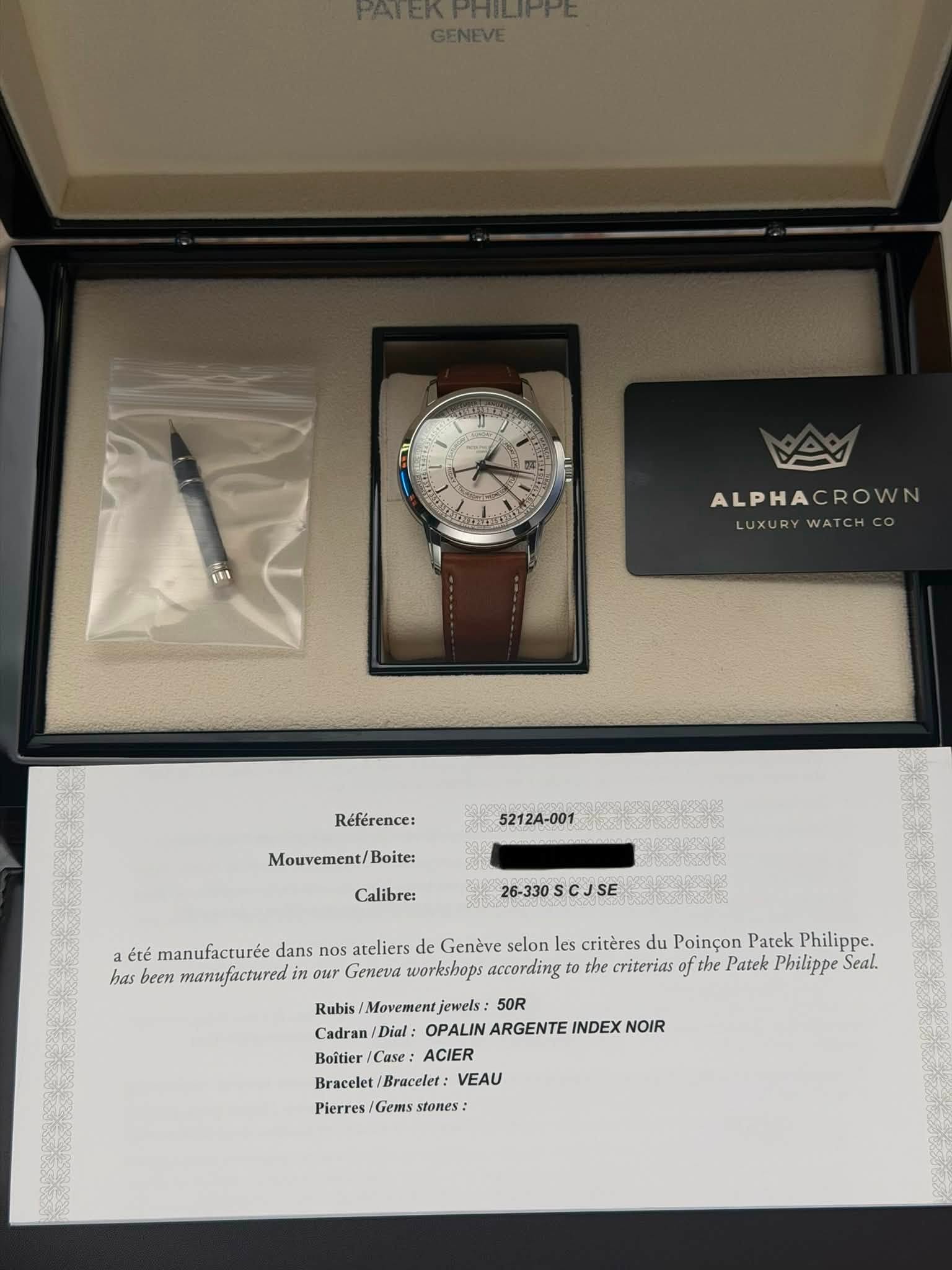 May be an image of wrist watch and text that says 'ဘော်နုနက်း ecanbata2 ALPHACROWN LUXURYWATCH WATCH LUXURY Référence: 5212A-001 Mouvement/Boite: Boite: Calibre: 26-330SCJSE a été…