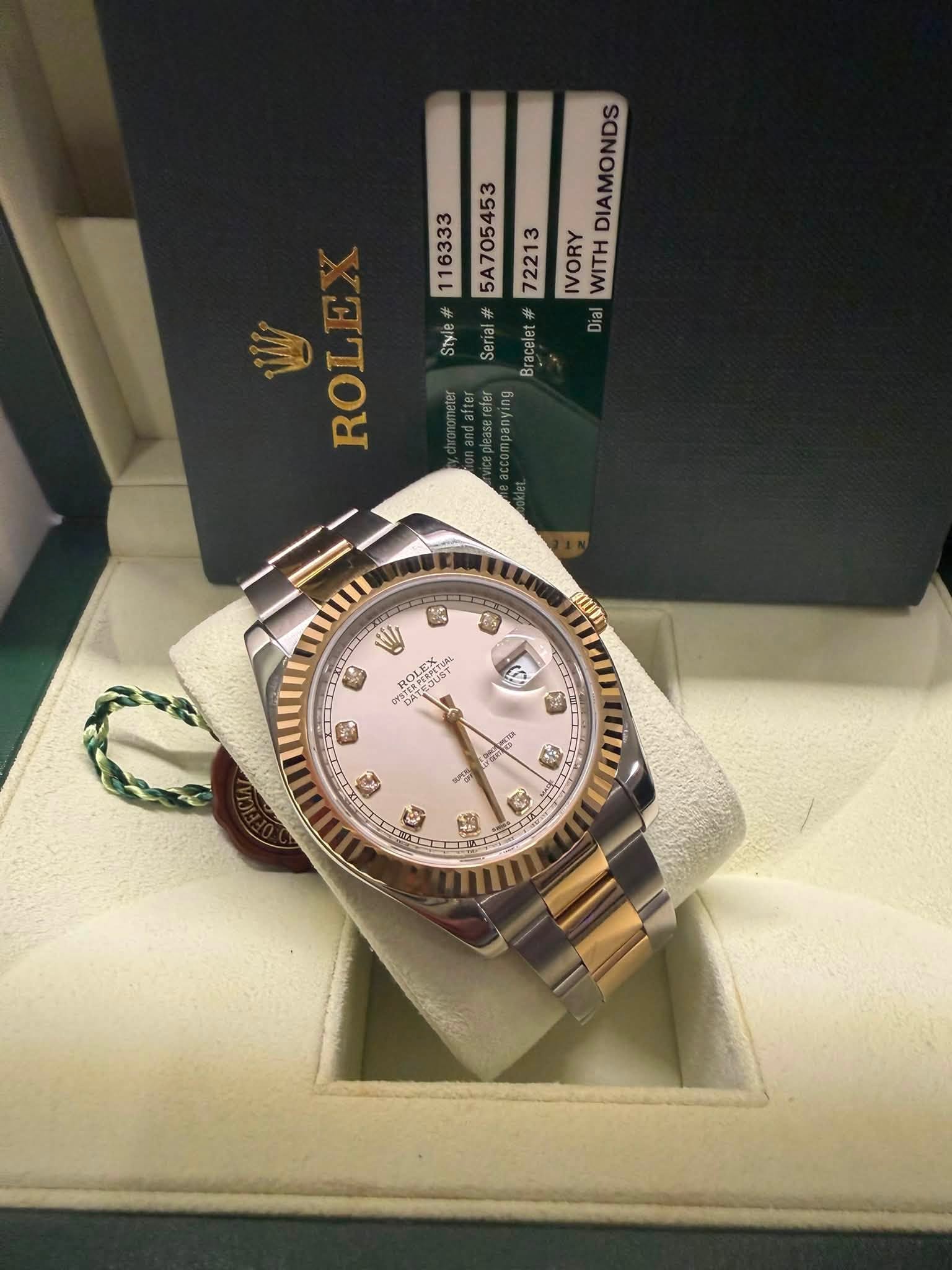 May be an image of wrist watch and text that says 'DIAMONDS 5A705453 72213 IVORY WITH 角 ROL Style# Serial# Bracelet mn 也 萬 G ROLEX TERPERPETY A S 清 6 o 3 P 肉 แมท 今 A ش'