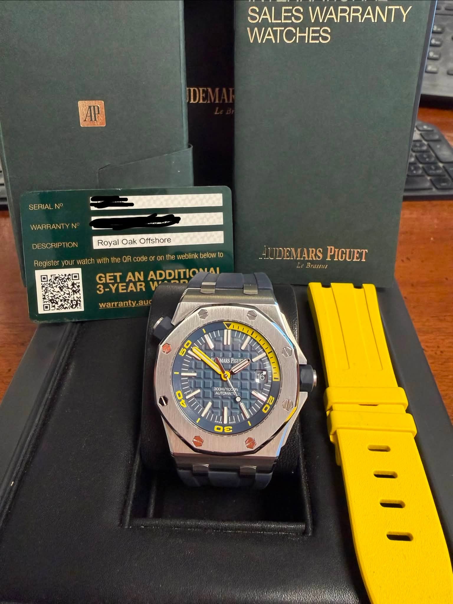May be an image of wrist watch and text that says 'SALES WARRANTY WATCHES AP SERIALN WARRANTY DESCRIPTION Royal yalOakOffshore Oak Offshore Register nth weblnk below to GETAN AN…