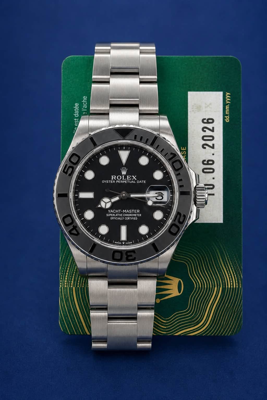 May be an image of wrist watch and text that says 'ep Laie l'ache est + uV yyyy mm. dd 06 백당 ROLEX OYST PERPETU TUA ROLEXDT UAL DATE I 3 AT-MATER TER YACH MASTER MADIE L aDe'