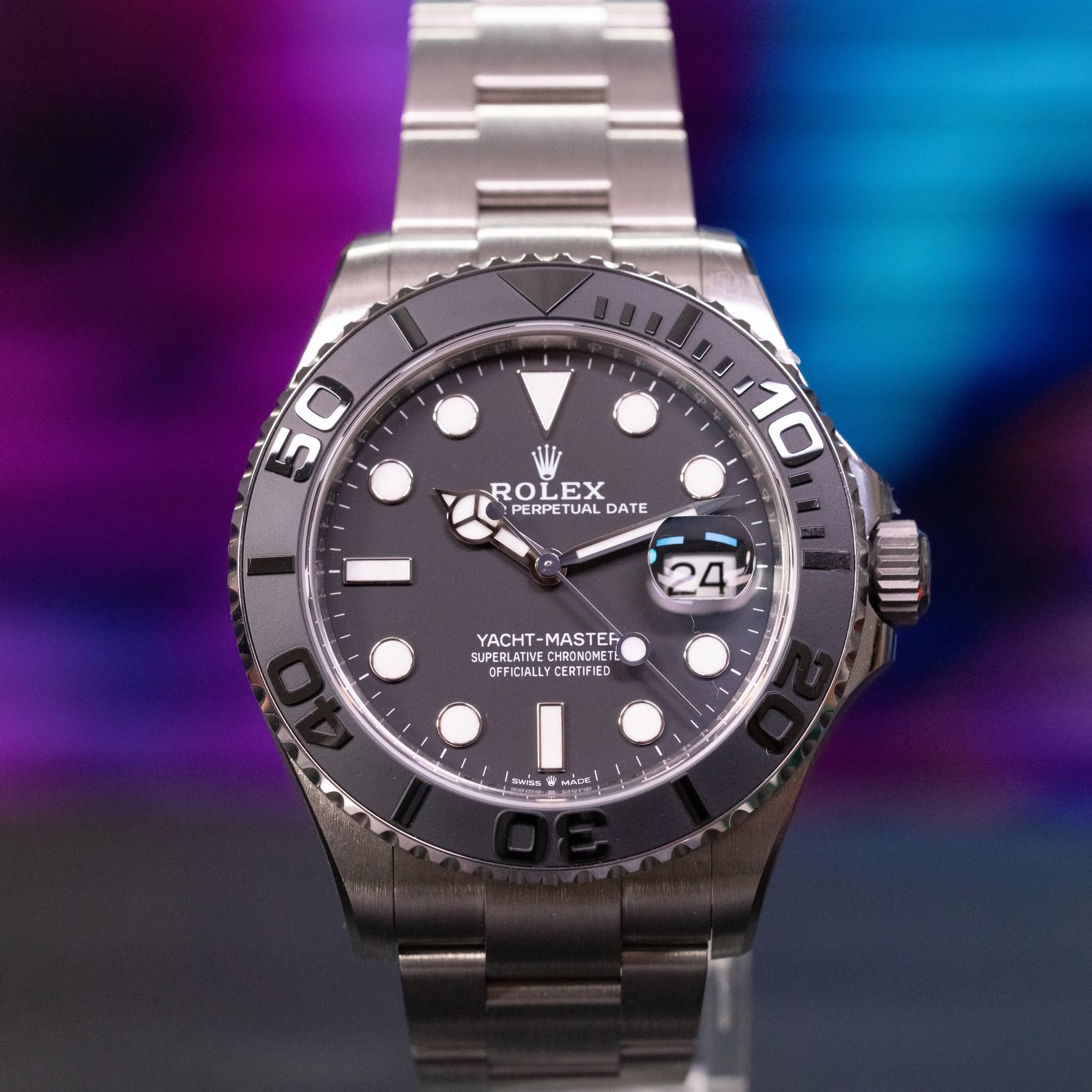 May be an image of wrist watch and text that says '50 5 ROI ROLEXATE EX PERPETUAL DATE 10 10 24 I YACHT-MASTEF T-MASTEF MASTEF YACHT- SUPEBLATIVE GEFIDALLYCERTIFIED CERTIFIED 1 วา…