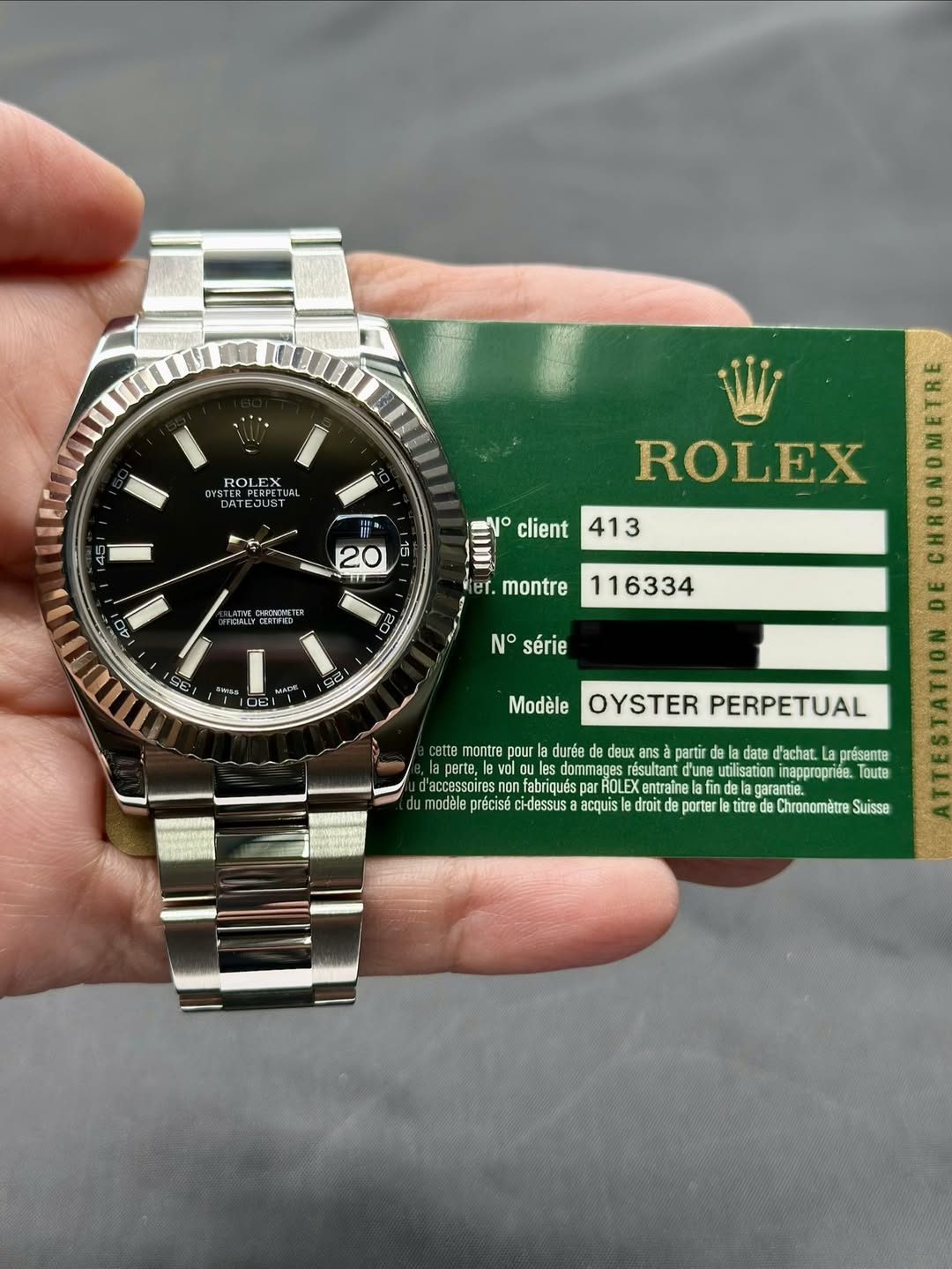 May be an image of wrist watch and text that says 'ROLEX E0 DATEJUST JUST 20 15 client 413 ROLEX EX 40 cи3oHKMET HORAL . montre تلت 35 一光 116334 、 ਬਦੀ, DEI N° série Modèle…