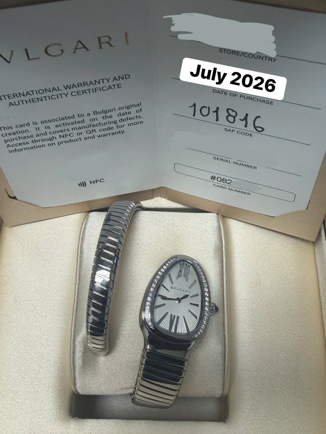 May be an image of wrist watch and text that says 'WARRANTY WARRANTYAND AND TERNATIONAL CERTIFICATE AUTHENTICITY original card is associated to Bulgari date This reation. It…