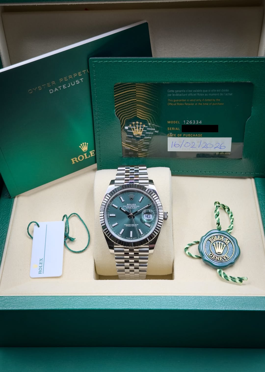 May be an image of wrist watch and text that says 'DATEJUST MODEL 26334 W ROLE ROLE 16/02 16/02/2026 /2026 BoeTbl 6 รุอด้าง 我你子 津 מג م 피지! ROLEX ROLEXSA W GENEVE'