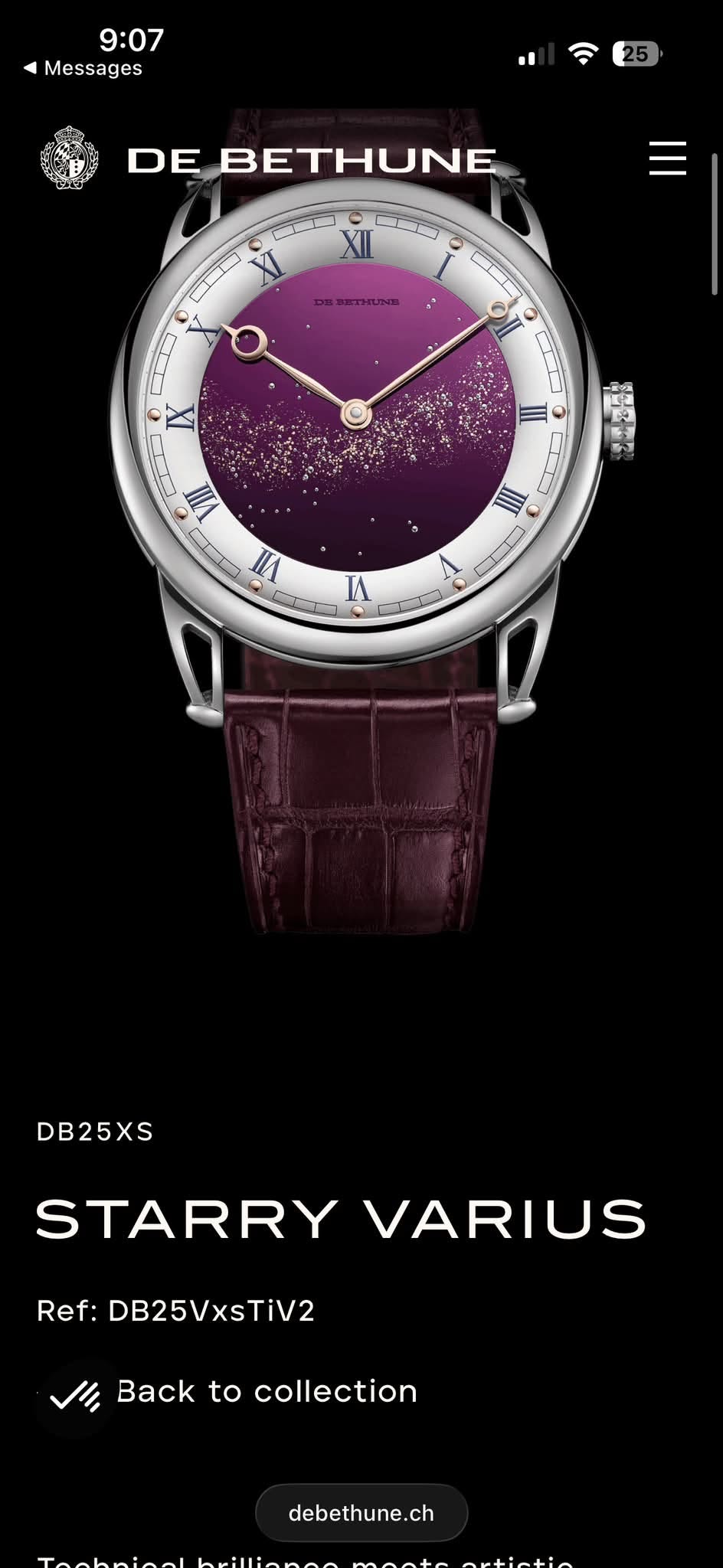 May be an illustration of ‎digital watch and ‎text that says '‎9:07 Messages DE BETHUNE 0 XIL Κ T س KиKTиHи O CY س 14 X VII VII III C I DB25XS STARRY VARIUS Ref: DB25VxsTiV2 Back…