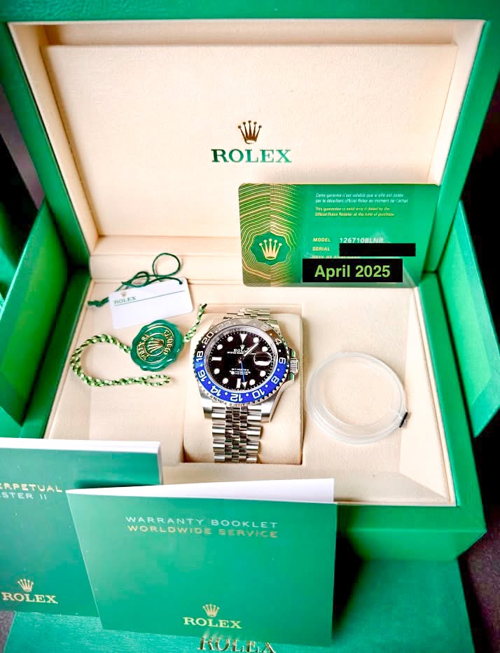 May be an image of wrist watch and text that says 'ROLEX มะ befiukawh.in/pmio MODEL SERIAL 126710BLAR ROLEX April2025 April 2025 4 မြ် 6 밥 C ល み 4 RPETUAL STER WARRANTY…