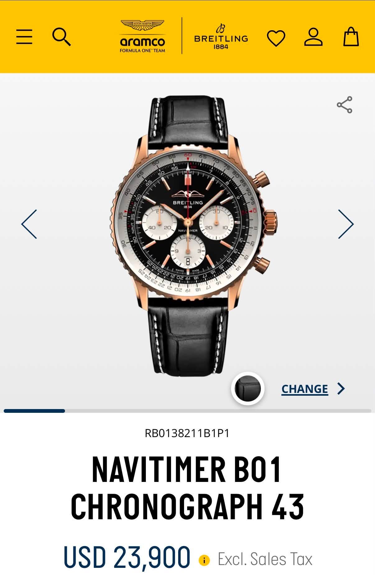 May be an image of digital watch and text that says 'aramco FORMULAO ONE TEAM BREITLING 1884 م ش BREI NG NG 40 20 20 유- 주 ব- 이 i S202E22 CHANGE RB0138211B1P1 NAVITIMER B01…