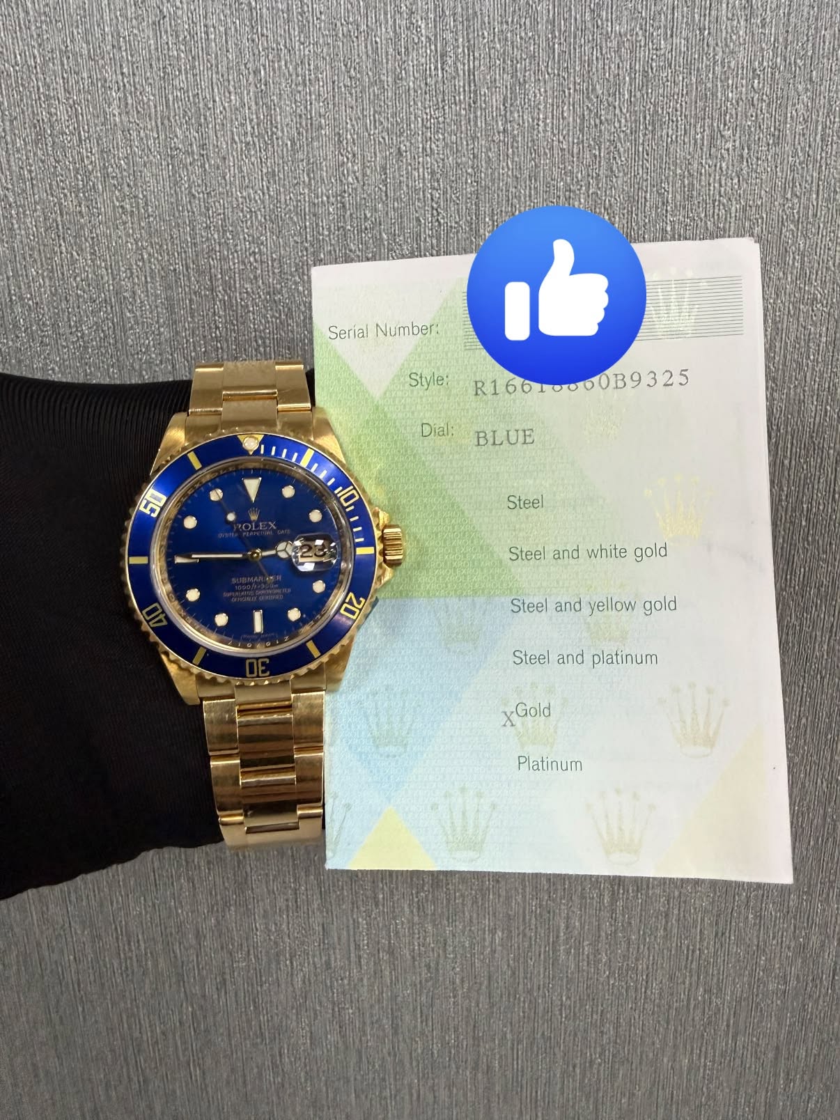 May be an image of ticket stub, wrist watch and text that says 'Serial SeriaiNumber: Number: Style: R1 R16010000B9325 0B9325 Dial: い BLUE 50 - Steel 10, UI Steel and white gold 20…