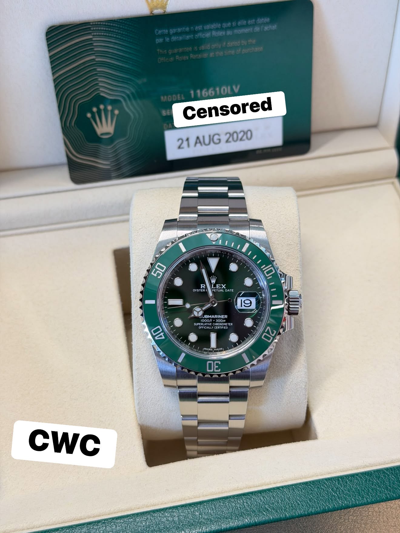 May be an image of wrist watch and text that says '116610LV Censored 21AUG2020 21 AUG 2020 50 R LEX EX TLALDM 10 19 UEMARINER 40 20 30 CWC'