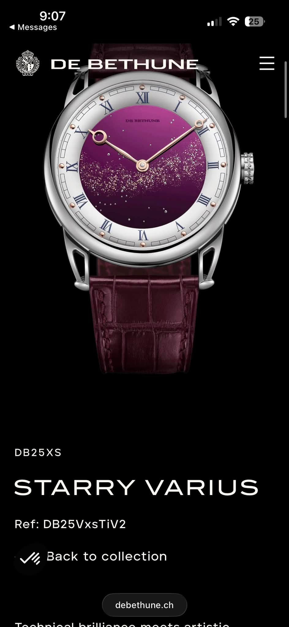 May be an image of ‎digital watch and ‎text that says '‎9:07 Messages DE BETHUNE XII XI 21 Ό X VII VII م IIII CD И DB25XS STARRY VARIUS Ref: DB25VxsTiV2 Back to collection…