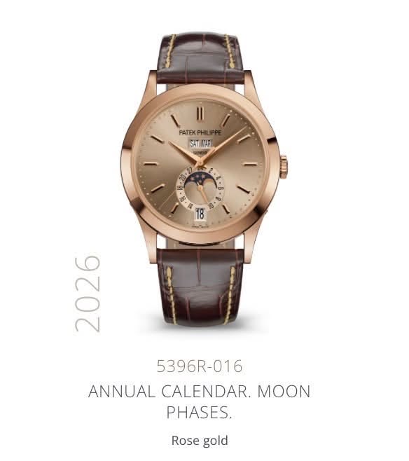 May be an image of wrist watch and text that says 'PATEK PHILIF SATE SAT.MAR MAR 1001 o es 帝 0+ 18 ကပ်း 9207 5396R-016 ANNUAI ANNUAL CALENDAR. MOON PHASES. Rose gold'