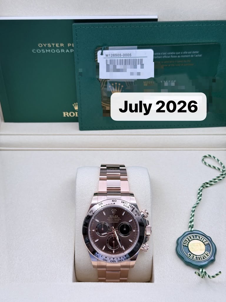 May be an image of wrist watch and text that says 'OYSTERPE PE COSMOGRAP M126505- ROI July July2026 UNITSP 彩典 400 I 4P S0 0i 40 110 0천 0E0 “ለ DEL! SVTINATYE CERTEDO'