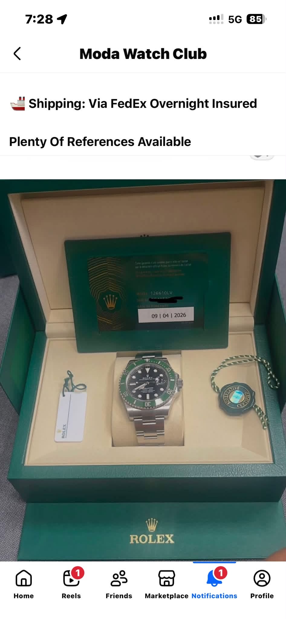 May be an image of wrist watch and text that says '7:28 ..ll < 5G 85 Moda Watch Club Shipping: Via FedEx Overnight Insured Plenty Of References Available คื้ว HoBΣ ROLEX Home Reels…