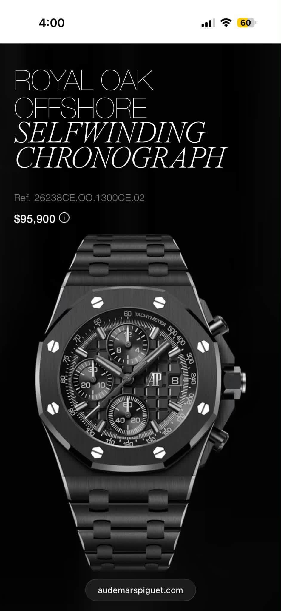 May be an image of digital watch and text that says '4:00 60 ROYALOAK ROYAL OAK OFFSHORE SELFWINDING CHRONOGRAPH $95,900 AIP 8 FED M BN เอ お "ads 135 audemarspiguet.com'