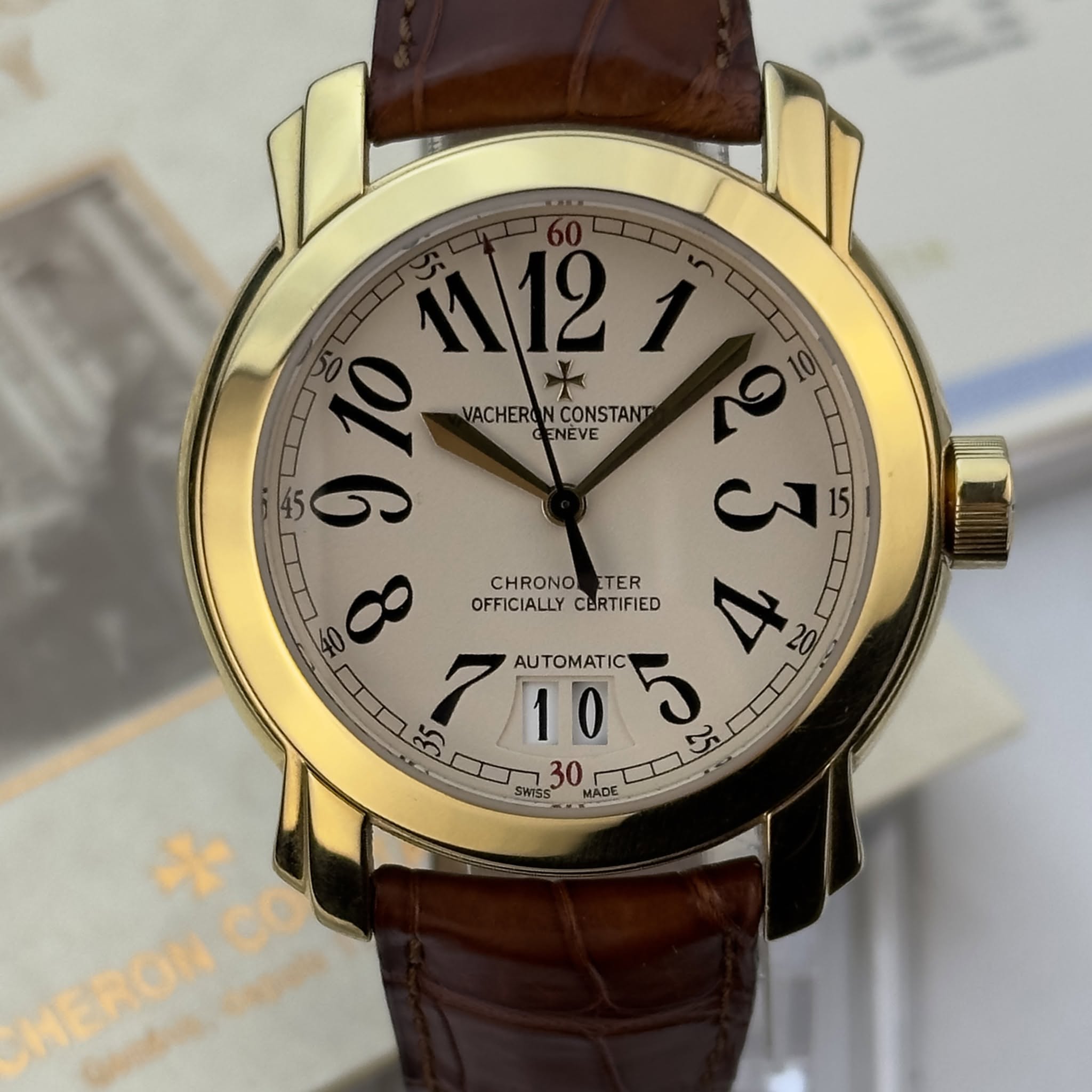 May be an image of wrist watch and text that says ' ح VACHERONCONSTANT ENEVE 10 VACHERON CONSTANT 45 9 ٤2 လ C L CHRONO OFFICIALLYCERTIFIED ETER OFFICIALLY CERTIFIED 90 CL 3…