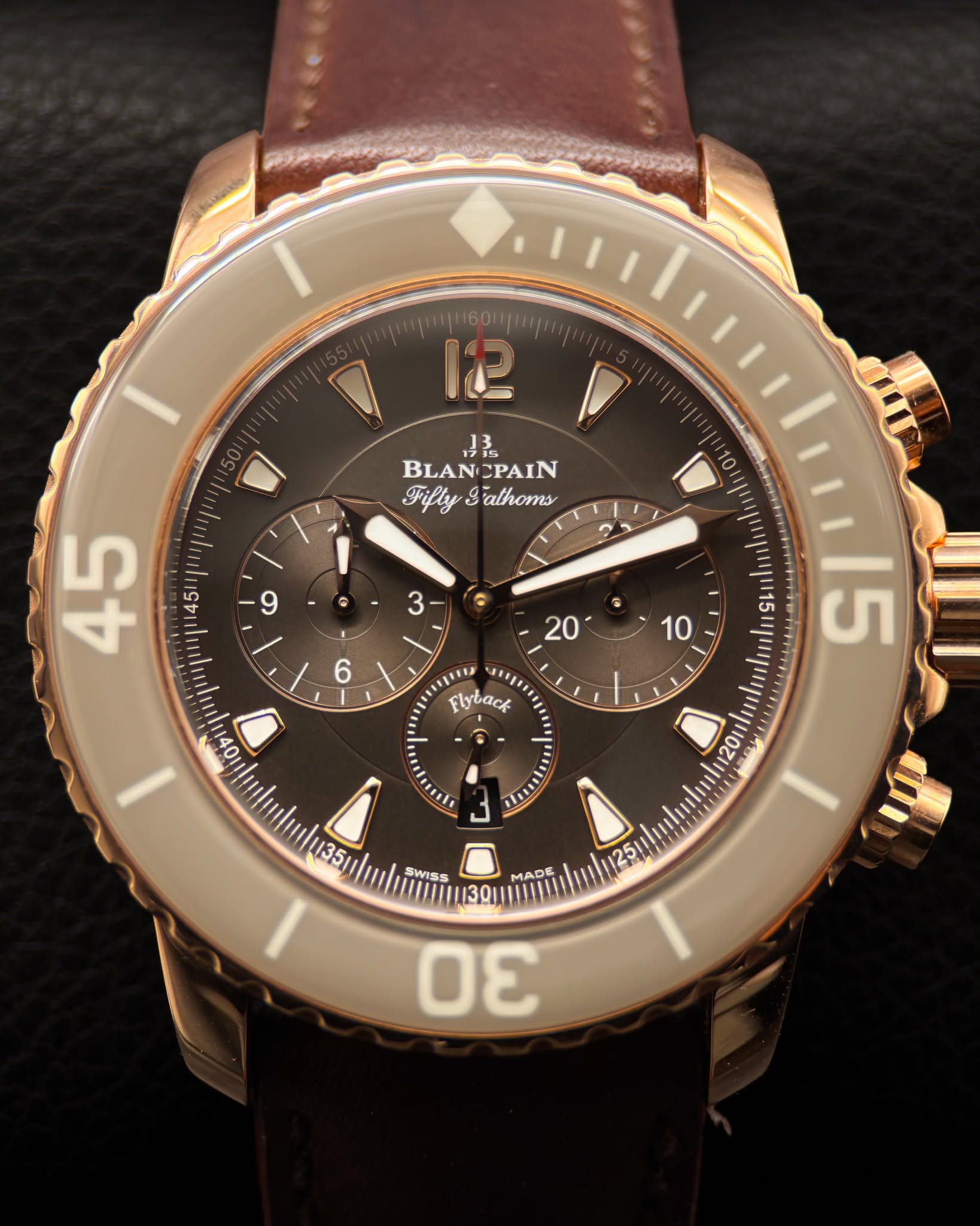 May be an image of wrist watch and text that says '12 م D כנה BLANCPAIN BLAN CPAIN FiflySalhoms 8 athoms 9 ေ 3 ل S 6 45 45 መ 10 0V 20 10 שש Elyback ای o 107 J IO 135 A 35 SWISS…