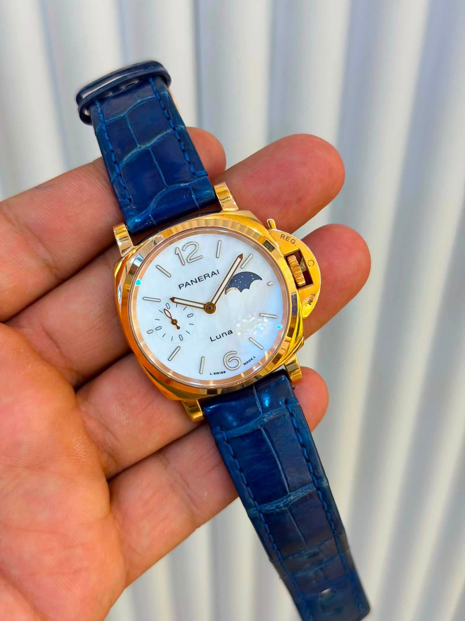 May be an image of wrist watch and text that says 'REG o I PANERAI PANERAI 12 I U C o ン ۵٥ 0 0 Luna I I -E -HISS'