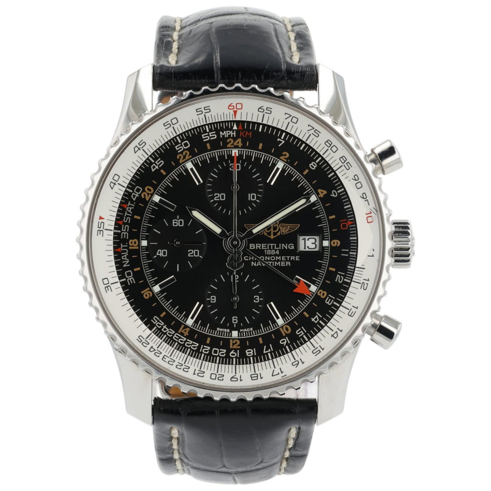 May be an image of wrist watch and text that says '55 50 45 ileletitel 50 55 MPH ,70 70 ي 75 ጣስስ መጣ ilil NAU 30 30 O BREITUNG NG 15 13 NAWIMER -1 9 12 W D 13 0s T s 22 60 18'