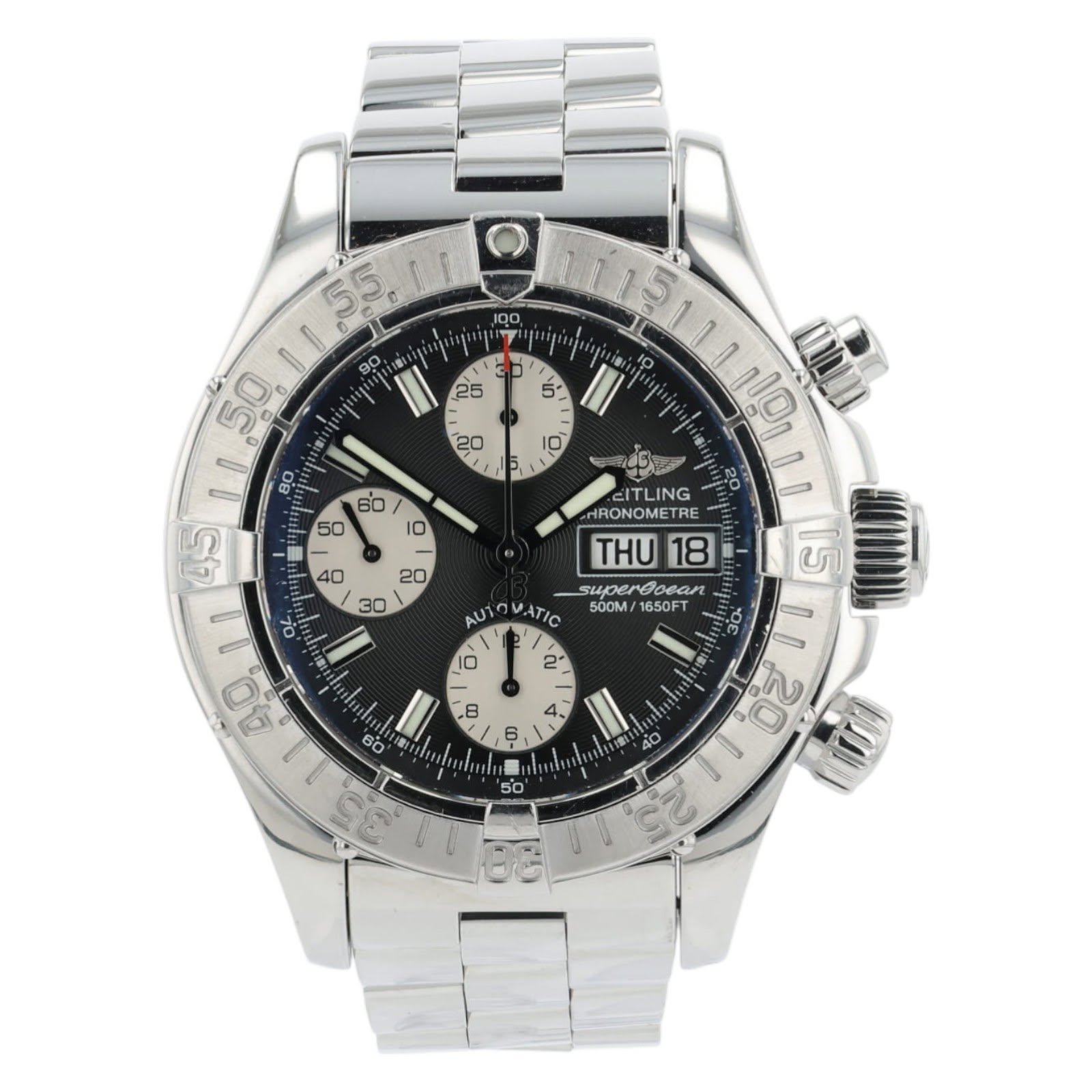 May be an image of wrist watch and text that says '100 25 1/ お B0 6O i1 သ်ပ -ITLING HRONOMETRE THU 18 superdoean Θoσαν 500M 1650FT AUT? VATIC 15 0 2 4, 60 8 OUF /日 B '