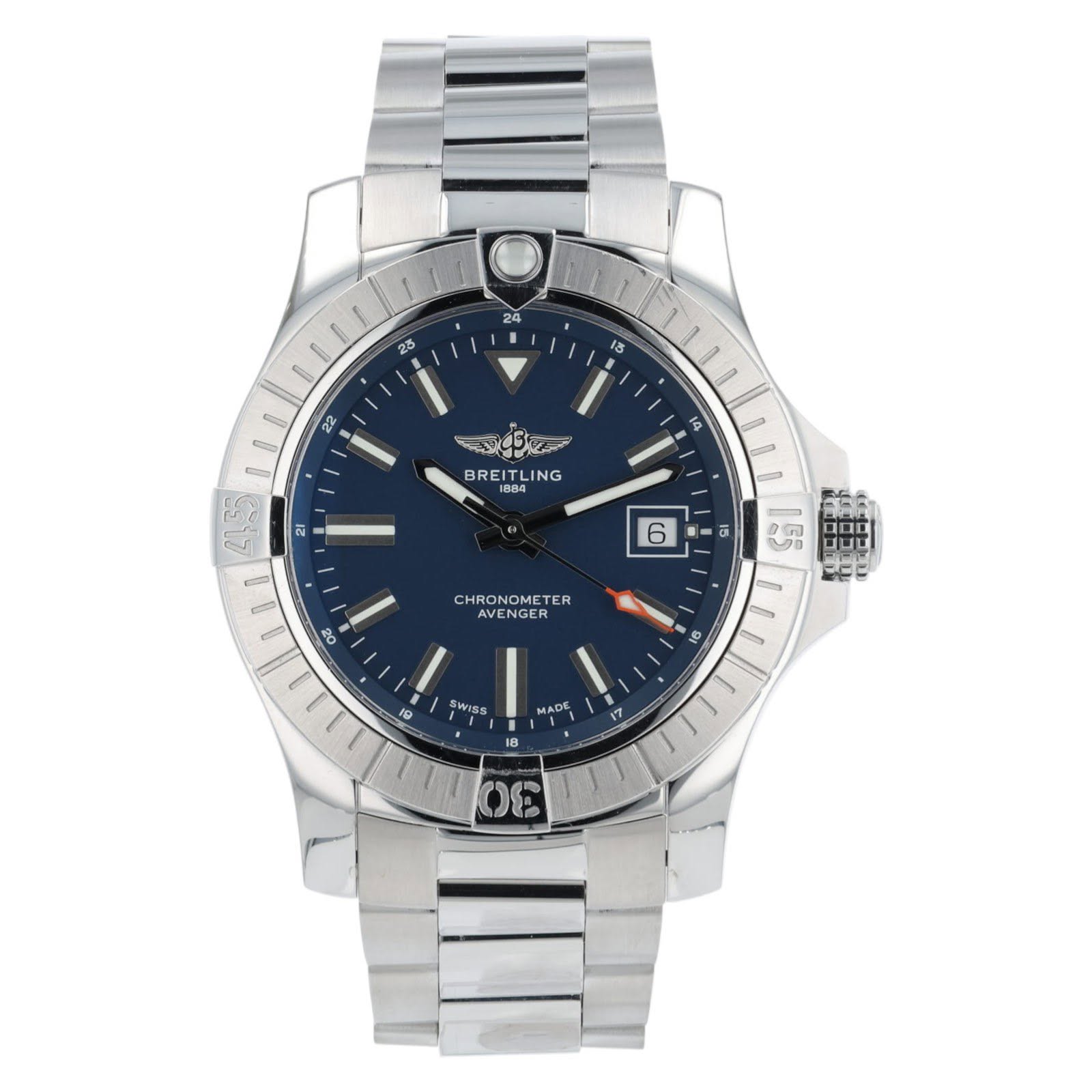 May be an image of wrist watch and text that says ' BREITLI BREITLING NG BREIT 1884 21 A ل i 15 101 မ 8 6 CHRONOMETER TER AVENGER 蜗 မြမ DuTI BEC 91 客W5 10 MADE 30'