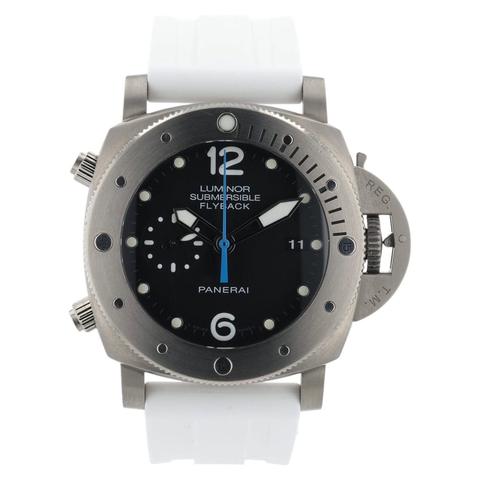 May be an image of digital watch and text that says '12 SUBMERSIBLE LUM LUMNOR NOR SUBME RSIBI E FLYBACK FLYE ACK 1111iILI REG REG 11 PANERAI W W 6'