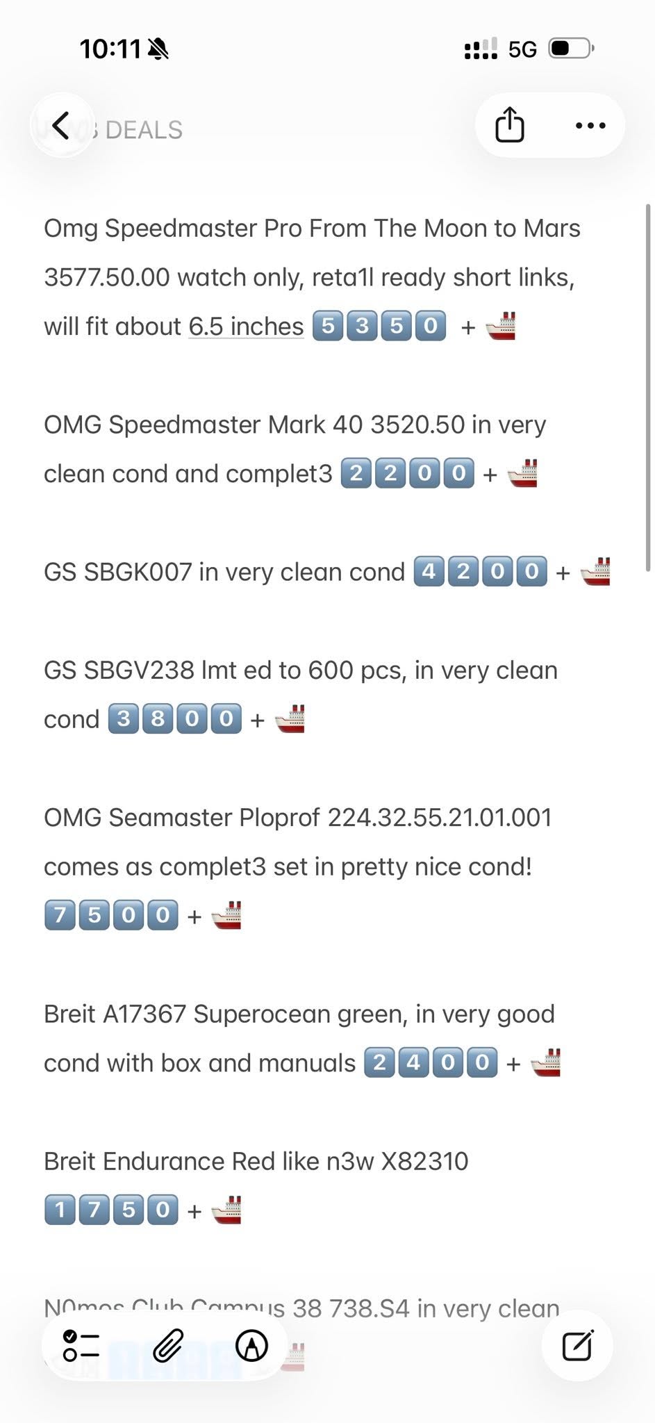 May be an image of text that says '10:11 5G DEALS · Omg Speedmaster Pro From The Moon to Mars watch only, reta1l ready short links, will fit about 6.5 inches OMG Speedmaster Mark…