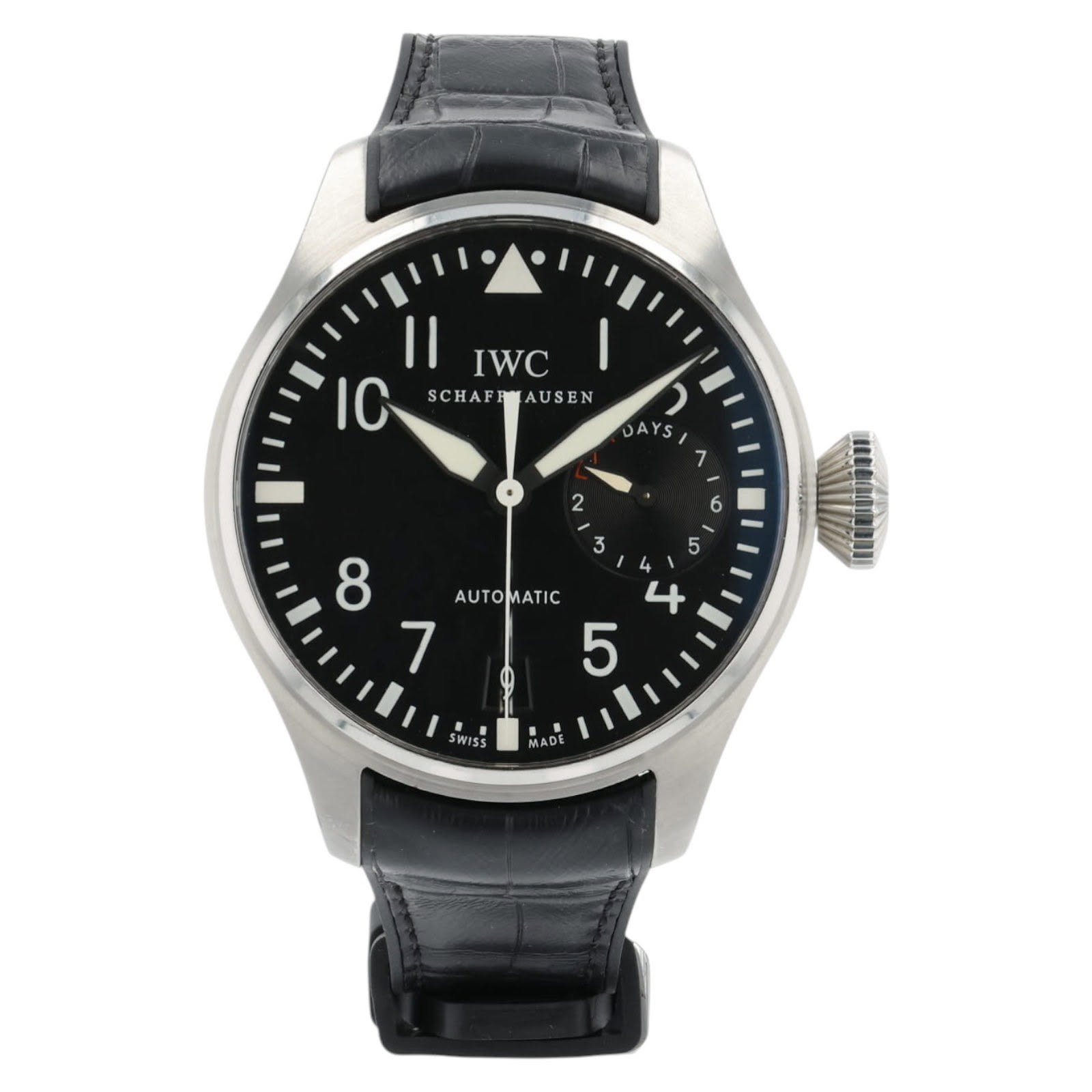 May be an image of wrist watch and text that says 'Il IWC I IC SCH SCHAFF AUSEN SCHAFRMAUSEN N DAYS 6 3 5 8 AUTOMATIC MATIC AUTO 4 7 5 WISS MADE'