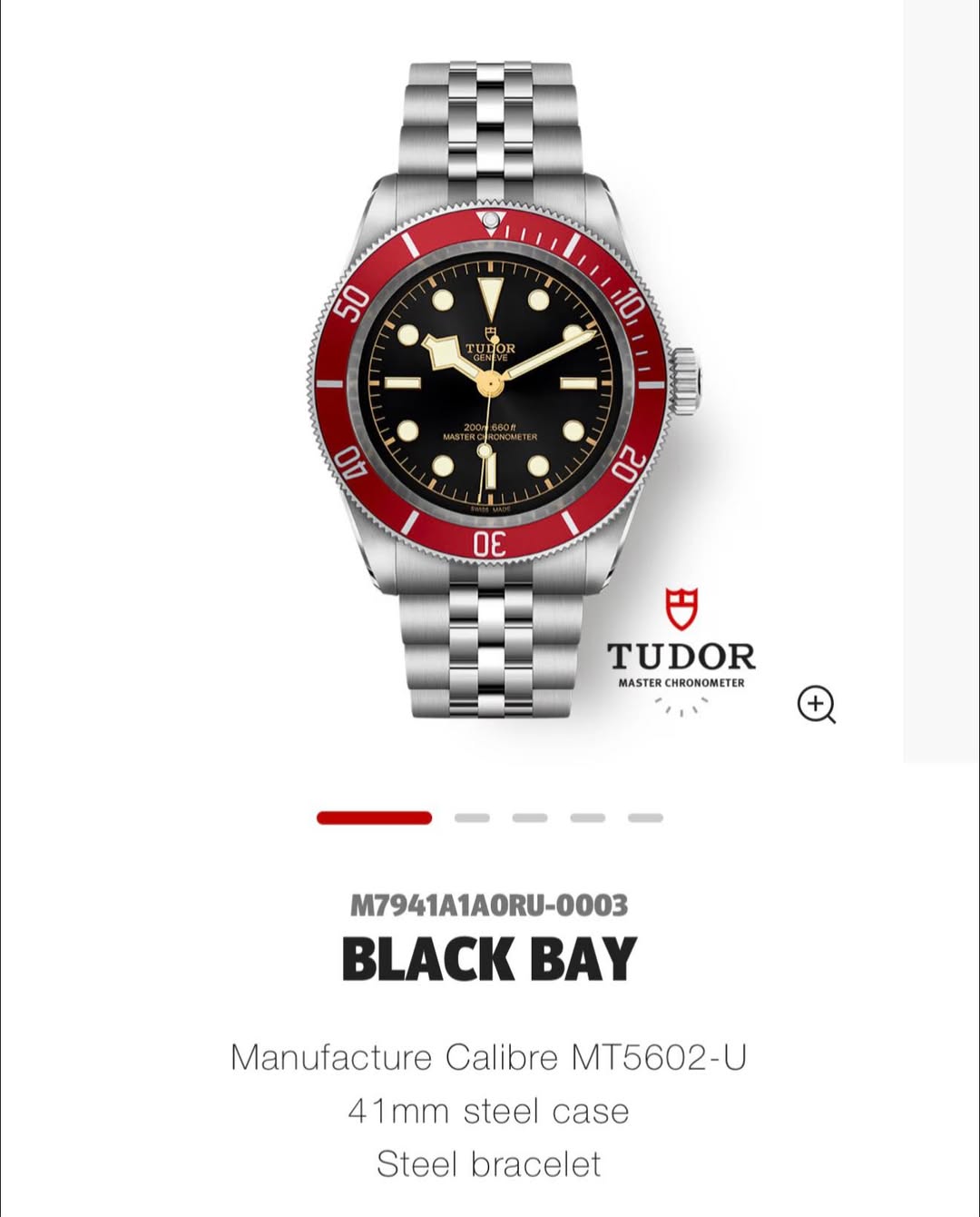 May be an image of wrist watch and text that says '50 τυ OR 10 40 20 TUDOR MASTER CHRONOMETER CHRONO CHRONO M7941A1AORU-0003 BLACK BAY Manufacture Calibre MT5602-U 41mm steel Steel…