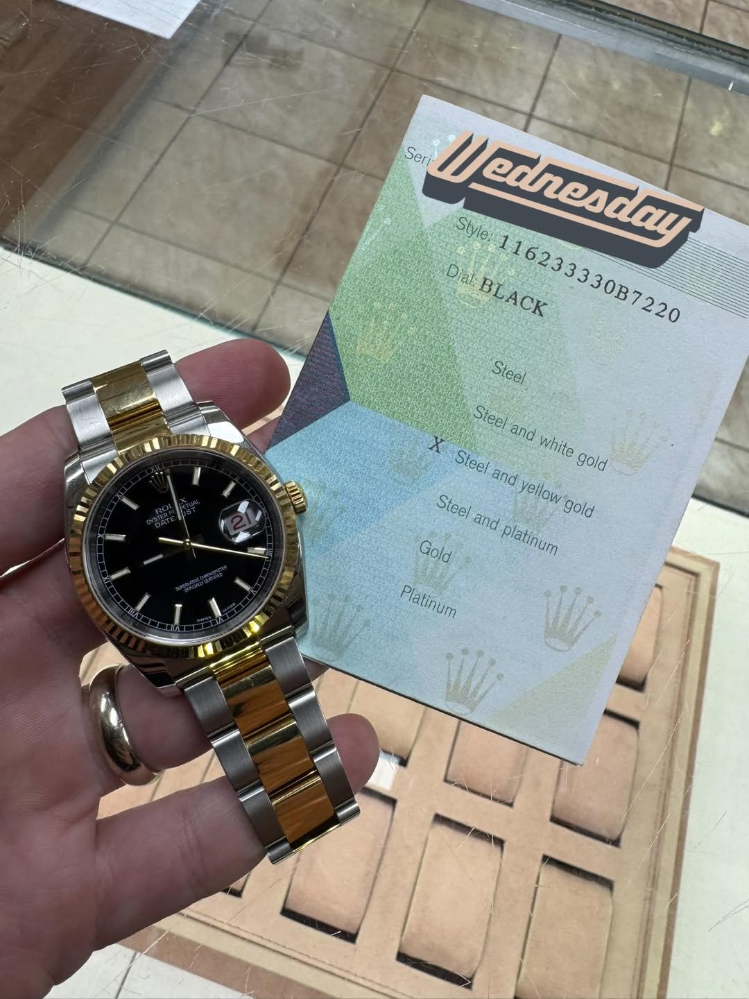 May be an image of wrist watch and text that says 'Seri Il //ednesday Stvle: Dia:BLACK 116233330B7220 Steei WDI Steel and white X Steel gold and ellow gold Steel and platinum Gold…