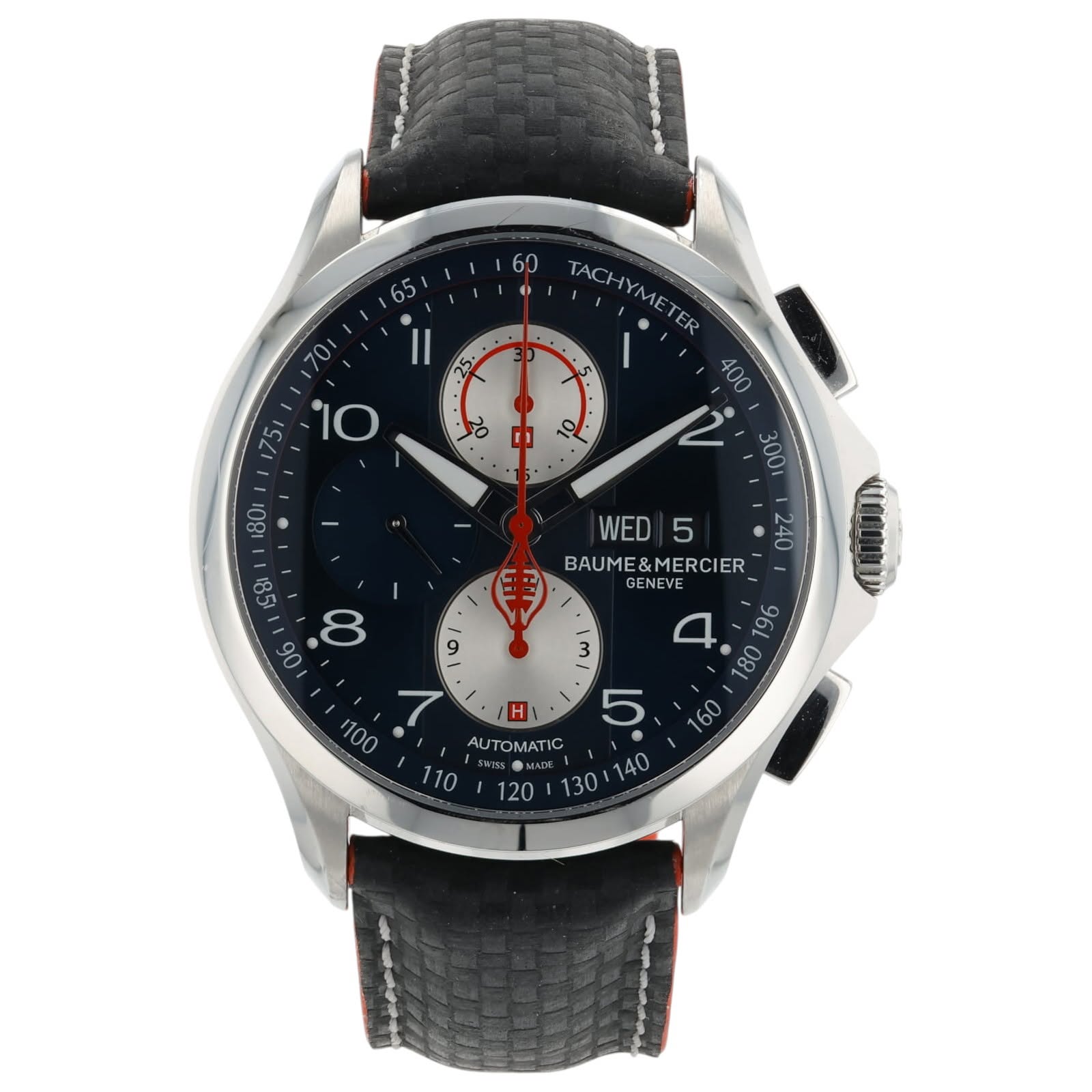 May be an image of wrist watch and text that says '65 Il ک 60 TACHYMETER TER o TACHYMET 400 ے I 0 中 ol 58 300 WED 5 OF 240 BAUME&MERCIER GENEVE H 5 AUTOMATIC AUT : '