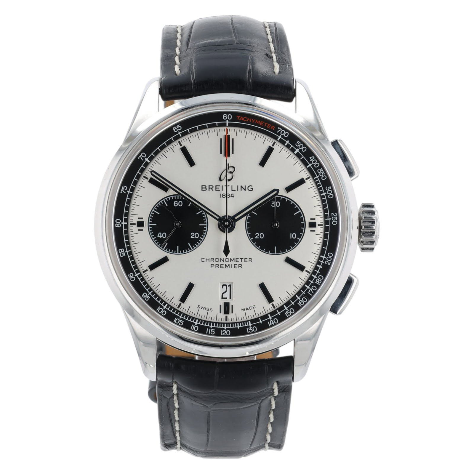 May be an image of wrist watch and text that says '60 65 መግንም 70 ' 700 ifes BREITLING CHRONOMETER PREMIER 80 58 በጥ OP 85 stinteatentin 100 หา 8+ 220 タ 21 SwIsS MAA6 160 .പ....…
