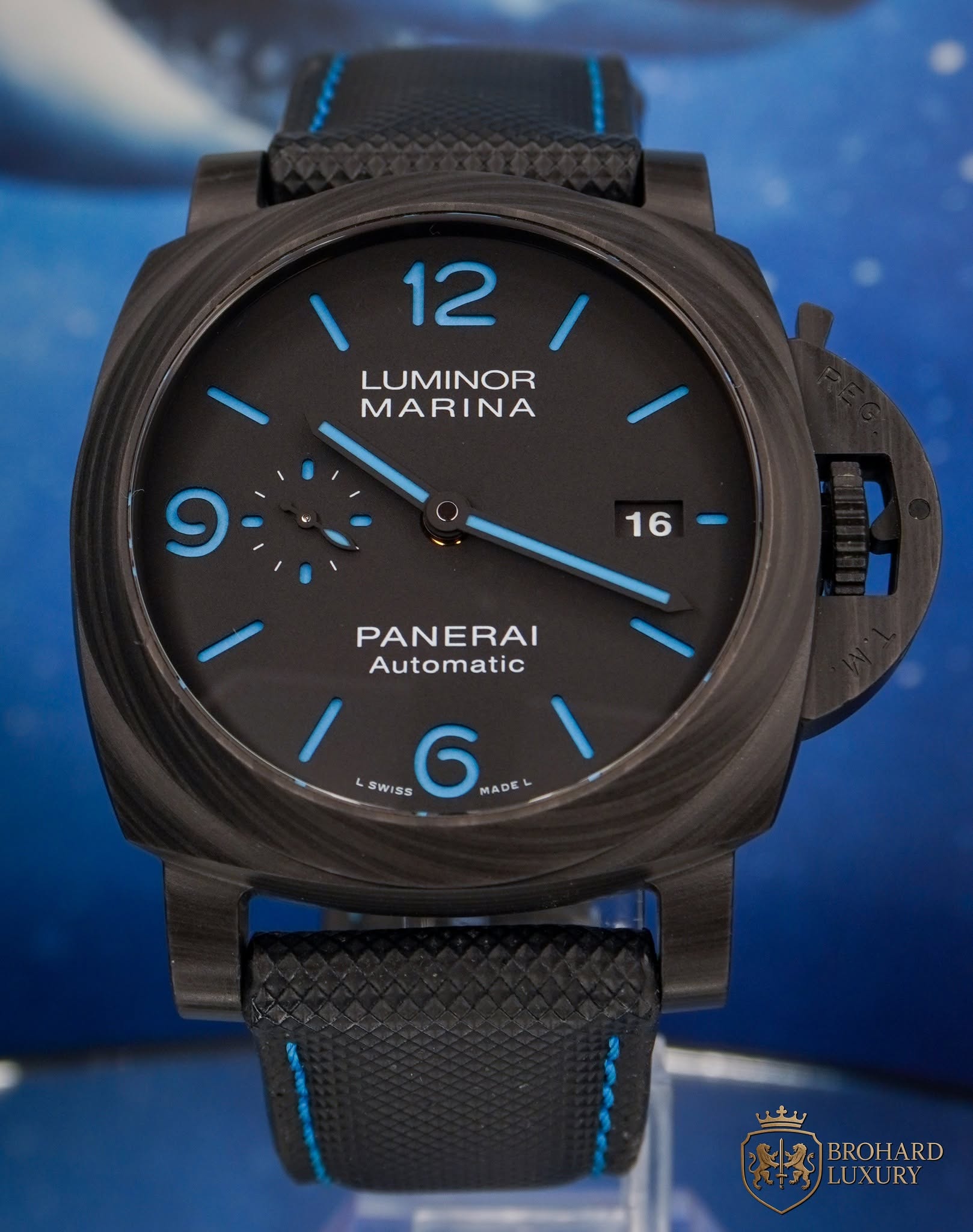 May be an image of wrist watch and text that says '12 LUMINOR MARINA 9 16- 16 PANERAI Automatic SWISS I. 1S5 6 MADE بلكب BROHARD BROI ARD LUXURY URY'