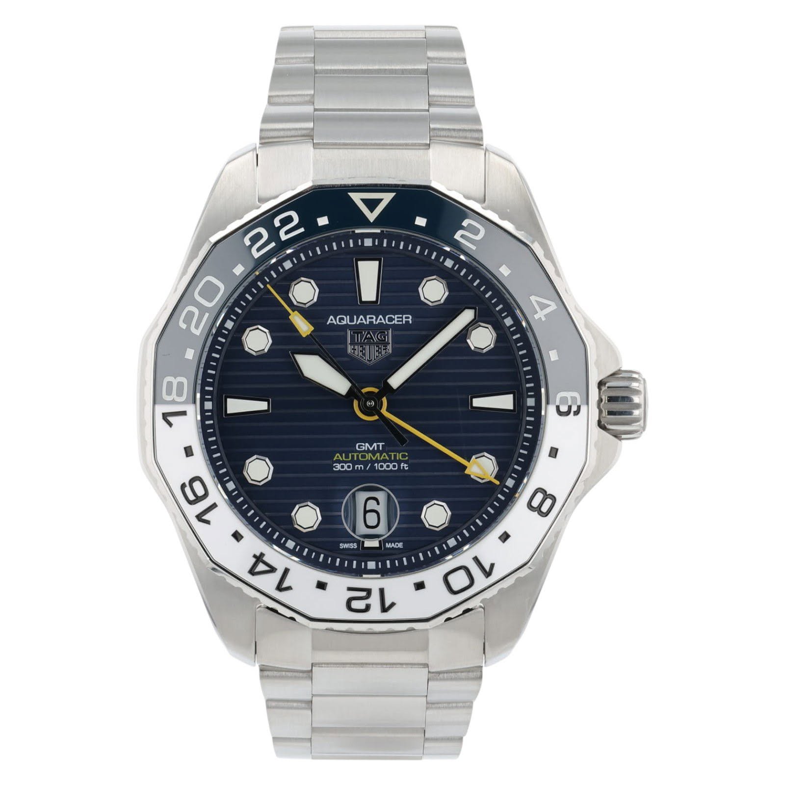 May be an image of wrist watch and text that says '国 AQUARACER TA 제네키B센 18 1 - GMT 6 300 m/ SweSS MIADE O 12 လ 金 8 10 በም'