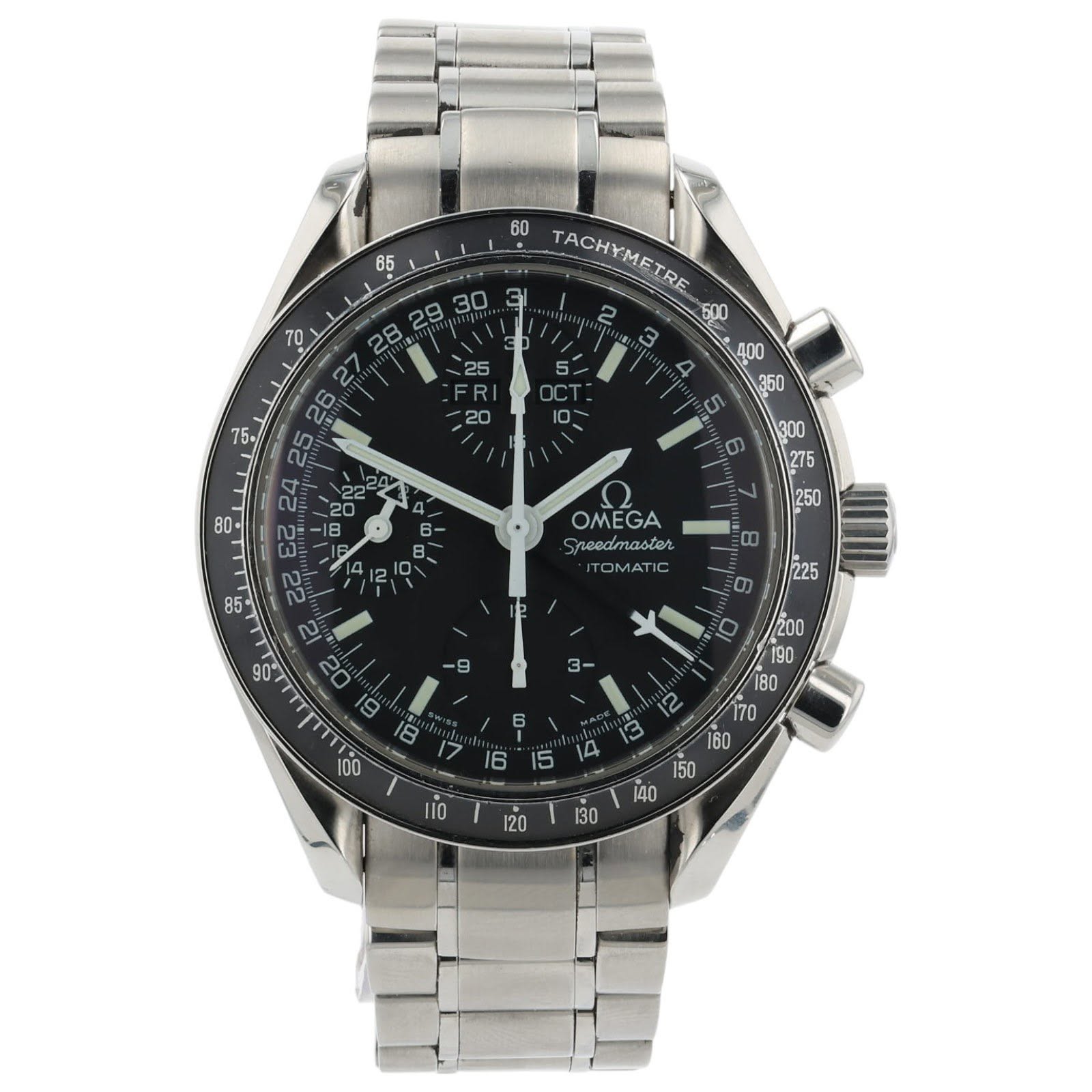 May be an image of wrist watch and text that says '85 60 TACHYMETRE 2 F00 ف ወ C B- 4 250 በተ OMEGA Sreedmaster OMATIC 00 三の တ a i0 130'